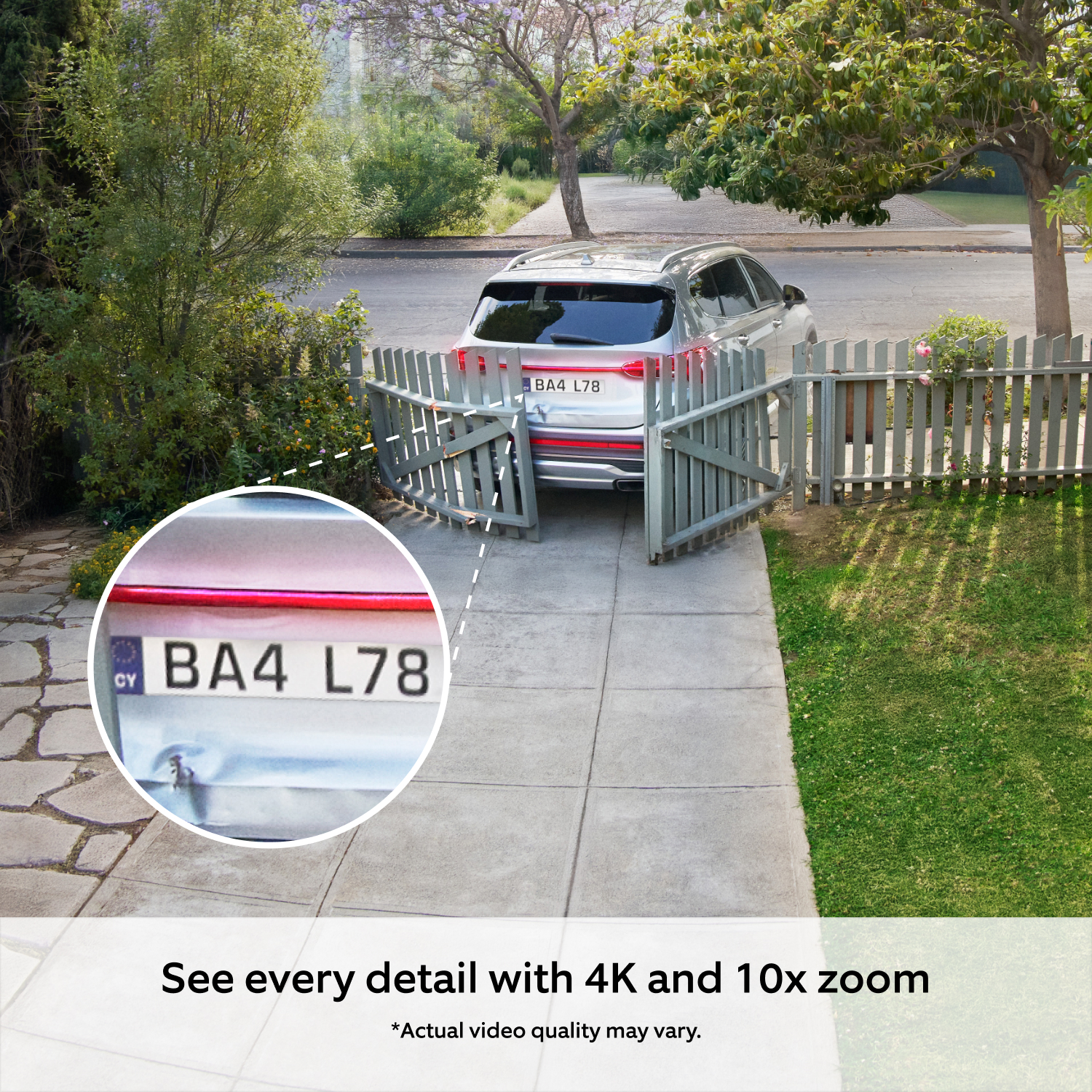 Floodlight Cam Pro (newest gen) (for Featuring Retinal 4K)  - Car reversing into and damaging driveway gate, with zoomed view of number plate showing Retinal 4K and 10x zoom capability