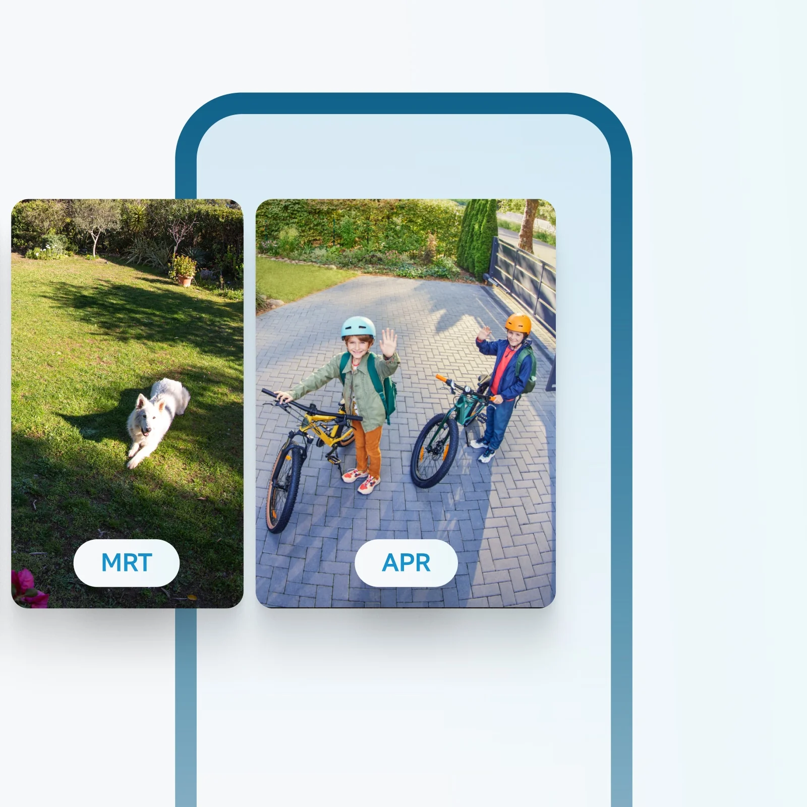 Tijdlijn met hond in tuin in maart en kinderen op fietsen in april, vastgelegd door Ring beveiligingscamera.