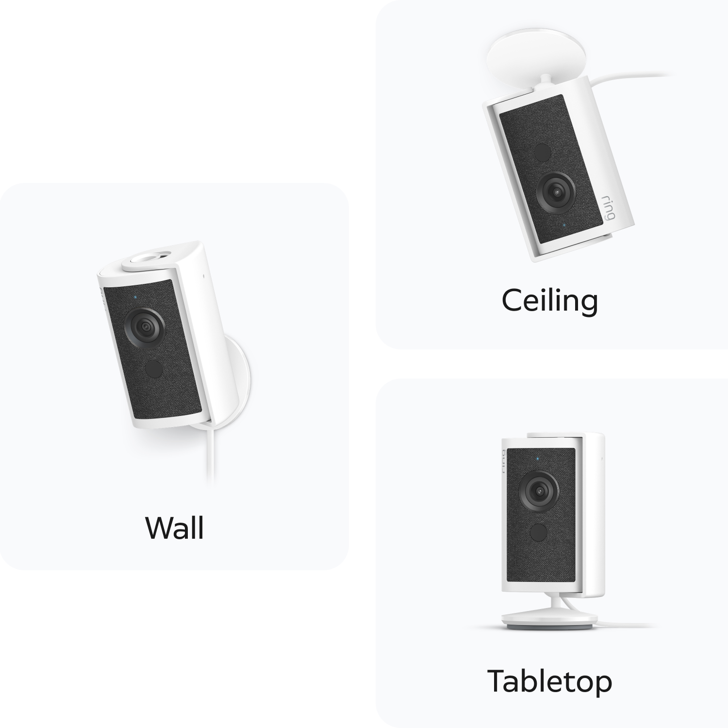 Ring Indoor Camera 4K shown in three mounting positions: wall-mounted, freestanding on tabletop, and ceiling-mounted.