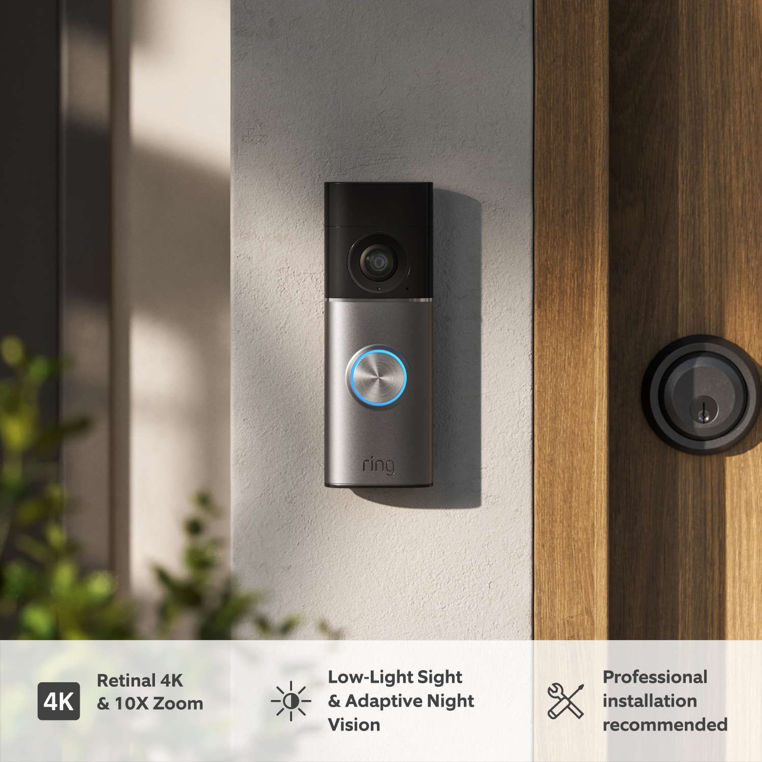 Wired Video Doorbell Pro (newest gen) (for Featuring Retinal 4K) - Wired Video Doorbell Pro (3rd Gen) mounted near door, showing Retinal 4K, 10 x zoom, night vision and pro install details