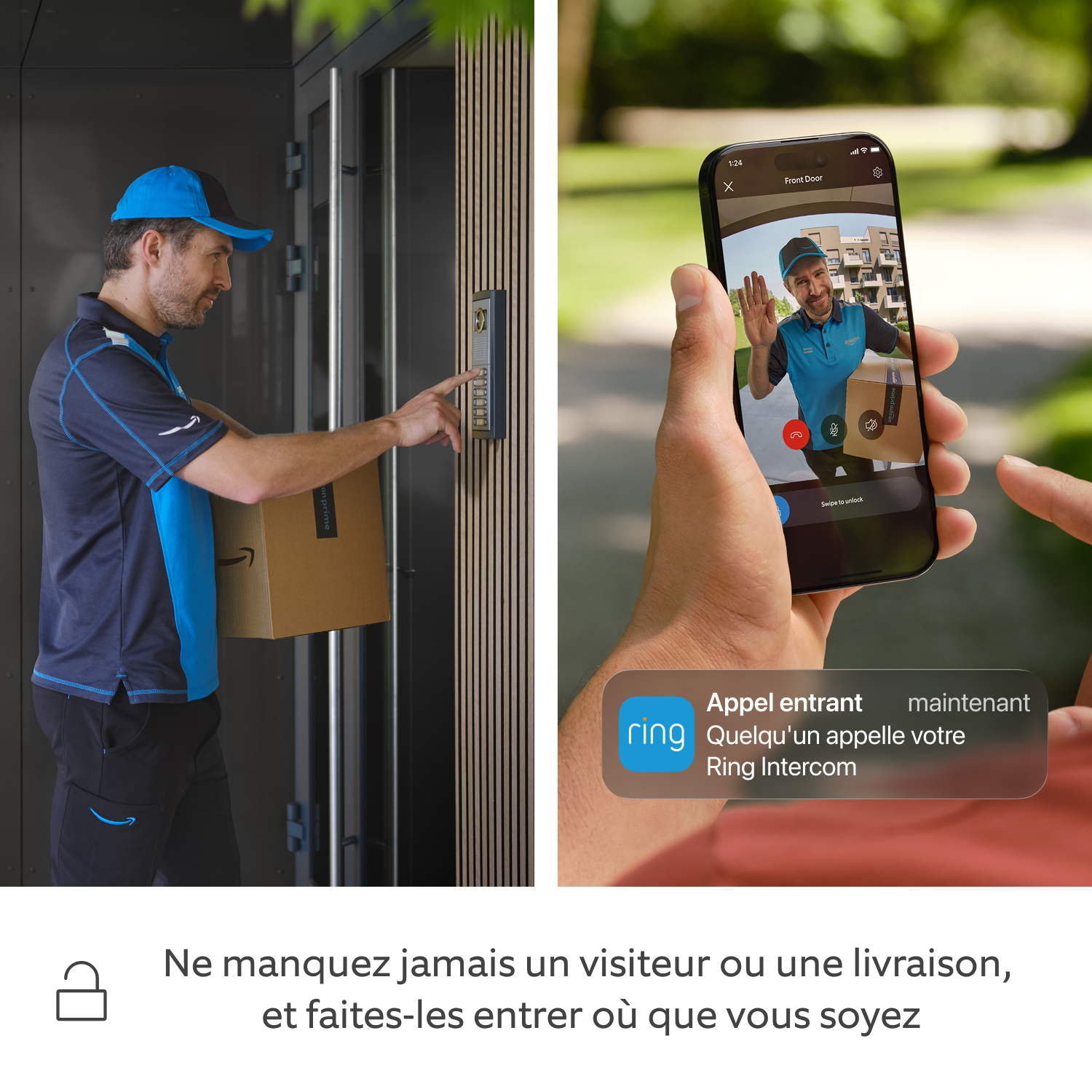 Ring Intercom Video + Batterie Rechargeable - Écran partagé entre un livreur qui sonne à l'interphone d'un bâtiment et un joggeur qui reçoit une notification push et consulte le flux audio dans l'application Ring.
