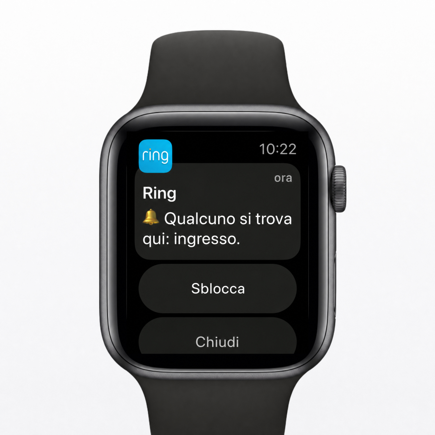Un Apple Watch che mostra la notifica dell'interfono Ring.
