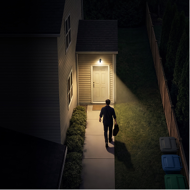 Una persona camina hacia una puerta por la noche, iluminada por las luces LED activadas por movimiento de Spotlight Cam montadas en la parte superior.