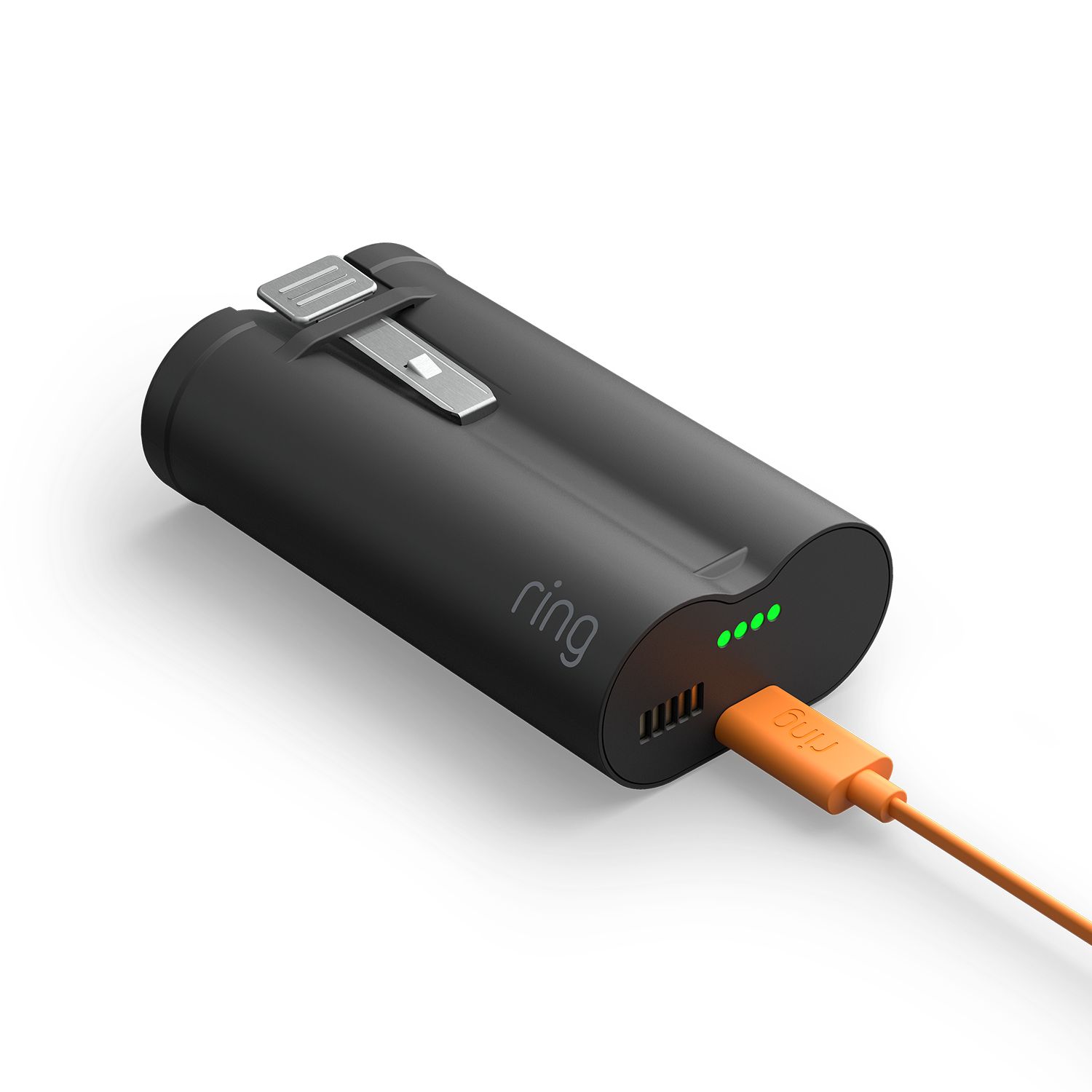 Quick Release Ultra Battery Pack (for Battery Video Doorbell Plus (2nd Gen), Battery Video Doorbell Pro (2nd Gen)) - Quick Release Ultra Battery Pack with orange charging cable and 4  green lights showing full charge