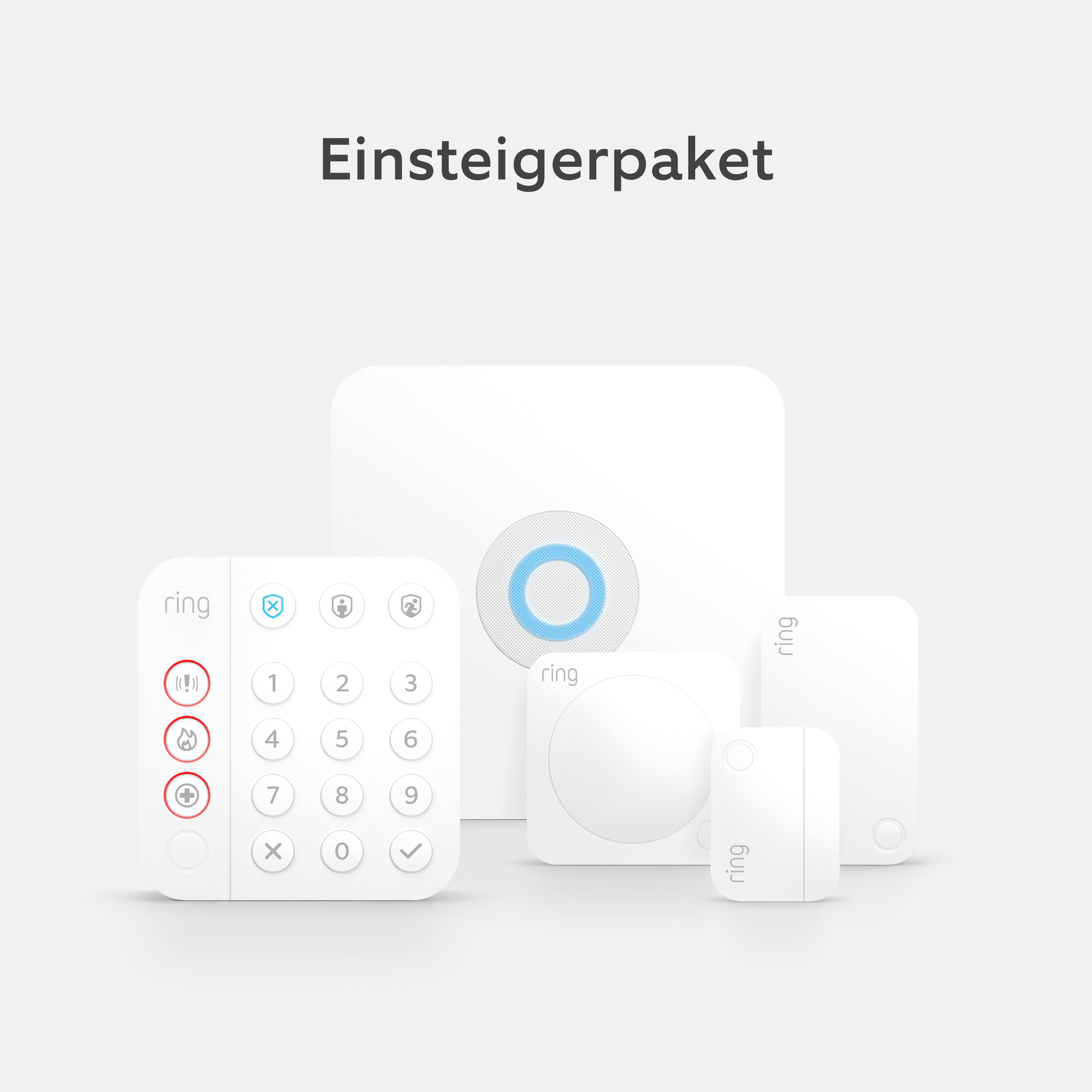 Ring Alarm und Indoor Camera Set mit Basisstation, Tastatur, Bewegungsmelder, Kontaktsensor und Innenkamera.