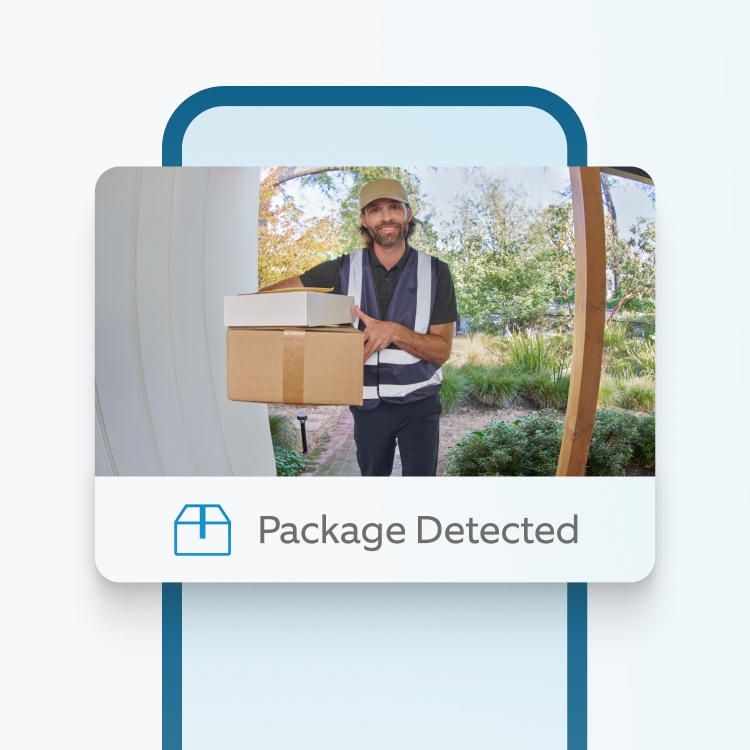 Delivery driver with parcels at front door seen through Ring doorbell, representing person and package detection alerts.