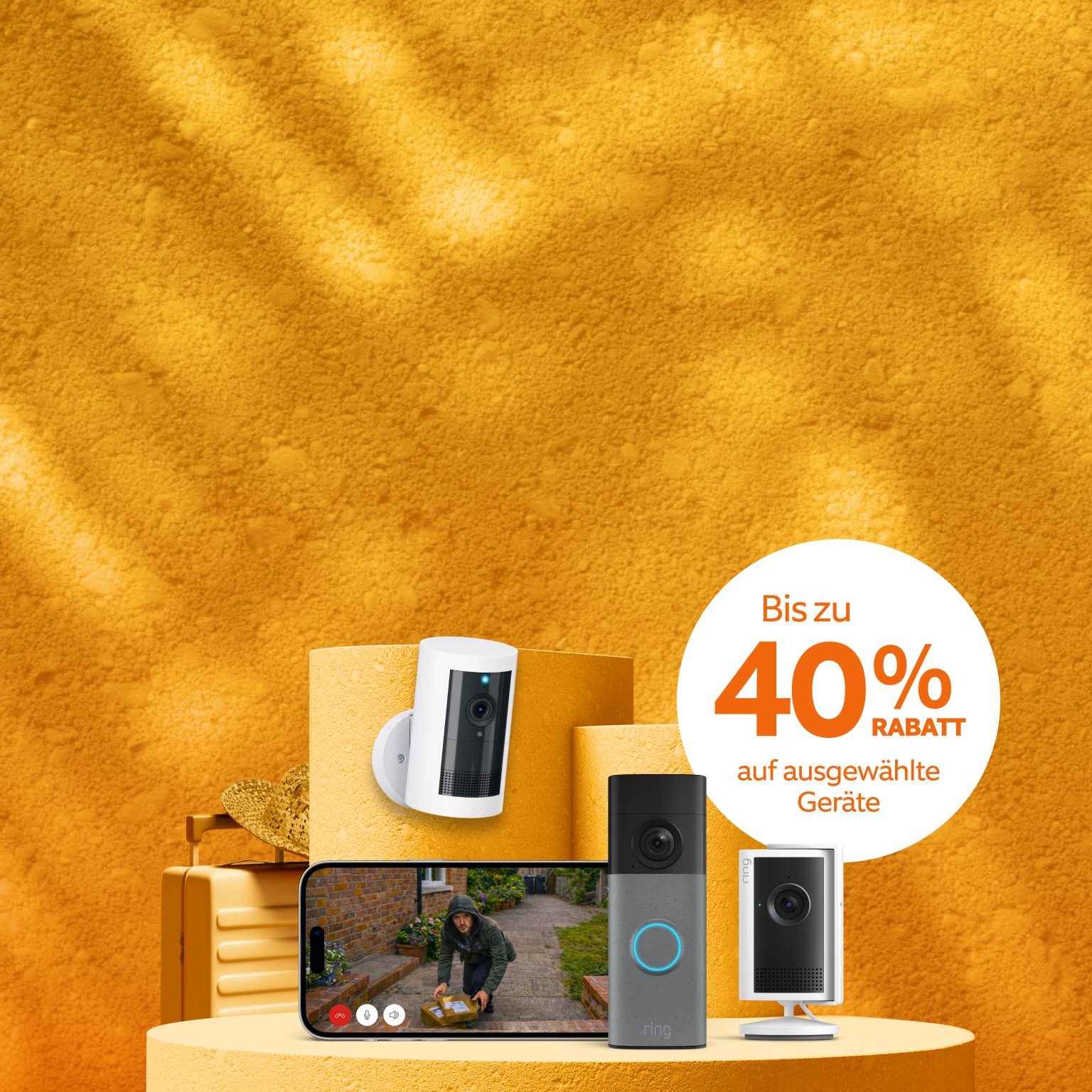 Bild mit orangem Hintergrund mit drei Ring-Geräten.