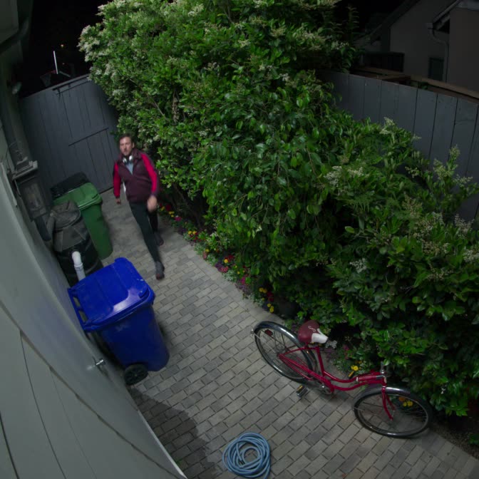 The first image shows the view down the side of a house. In full colour, we can see a hedge, blue bins and a person wheeling a bicycle.