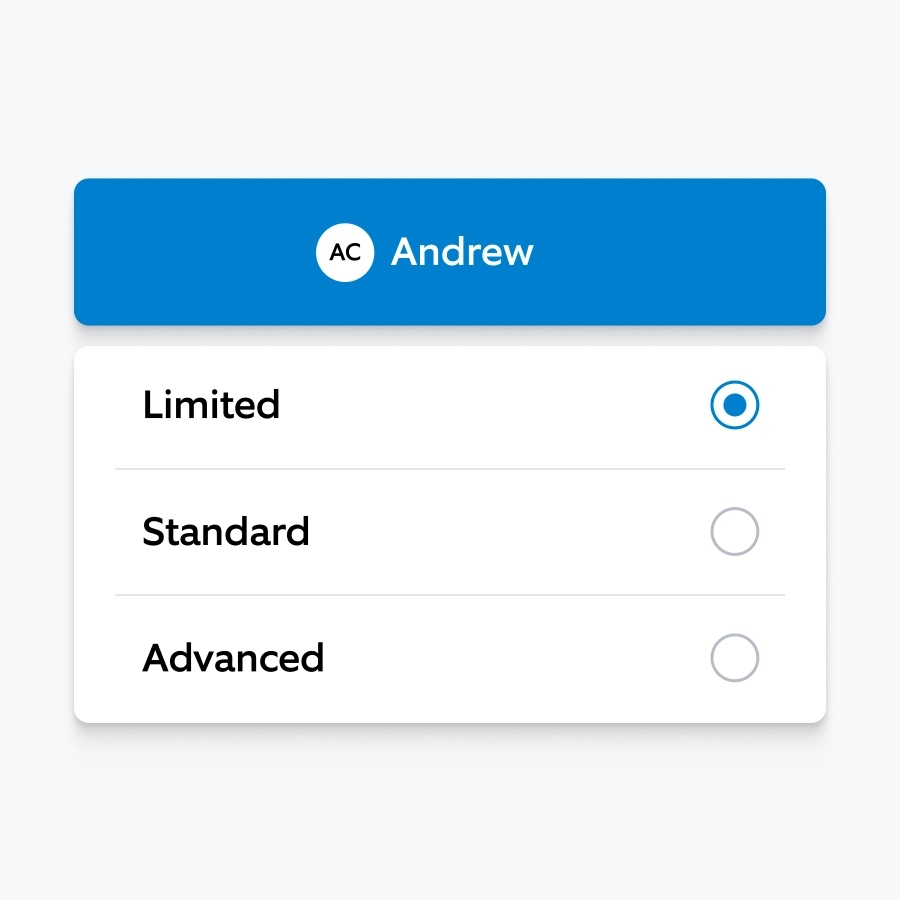 Écran de l'application Ring affichant trois niveaux d'abonnement : 'Limited', 'Standard' et 'Advanced'. Nom Andrew en haut avec 'Limited' sélectionné.