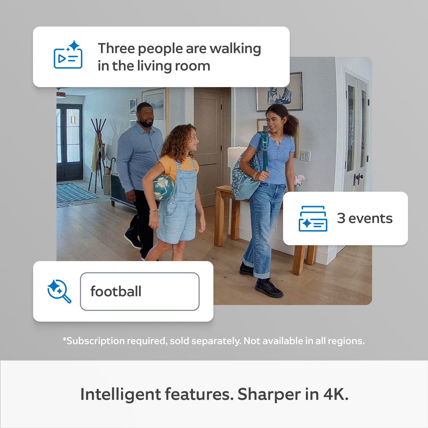 Indoor Camera 4K - Family walking through a home entryway with AI feature overlays from an Indoor Camera 4K.