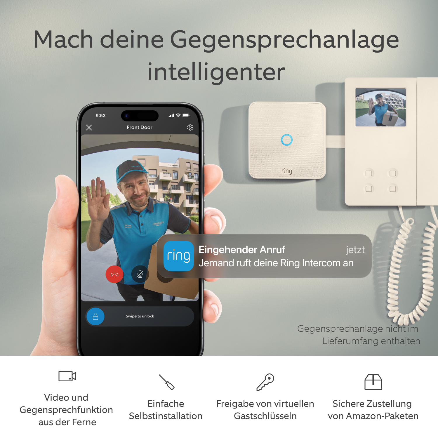 Ring Intercom Video + Innenkamera 2. Gen. - Eine Hand hält ein Smartphone mit der Ring App im Videomodus. Im Hintergrund das Ring Intercom Video.