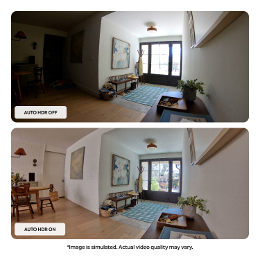 Ring Indoor Camera 4K Auto HDR comparison: dark, unbalanced room footage above versus bright, balanced and detailed footage below.