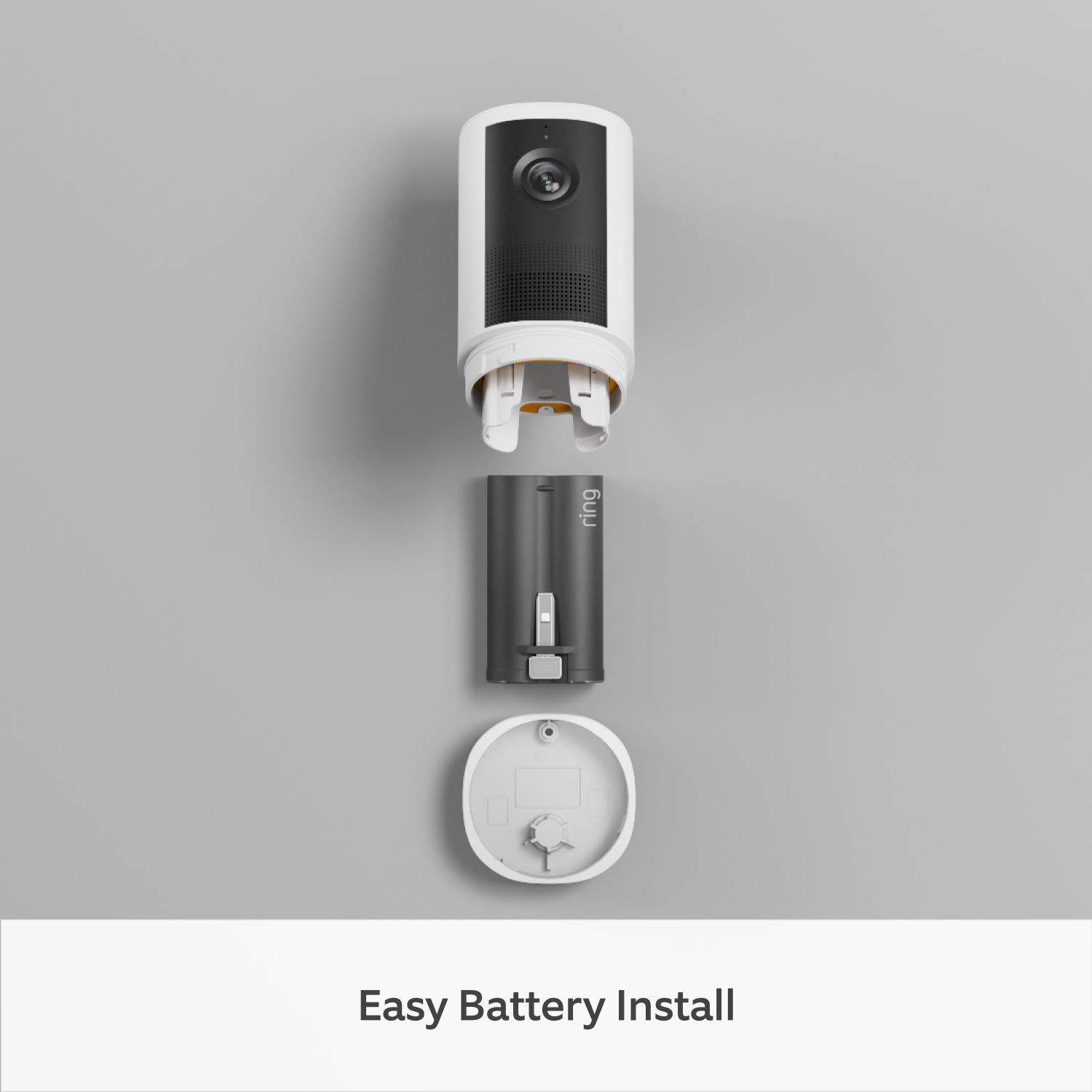 Outdoor Camera 4K Plus  - Battery:Ring Outdoor Camera 4K Plus components include camera unit, removable rechargeable battery pack, mounting bracket with screw holes