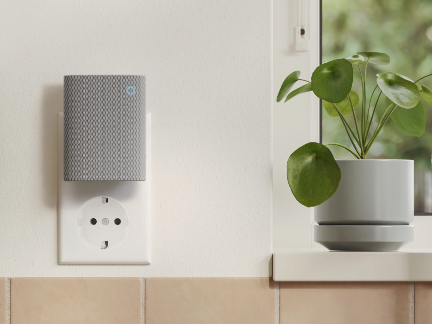 White Chime (3rd Gen) plugged in to an electrical socket on a white wall, next to a window sill on which there is a pot plant.