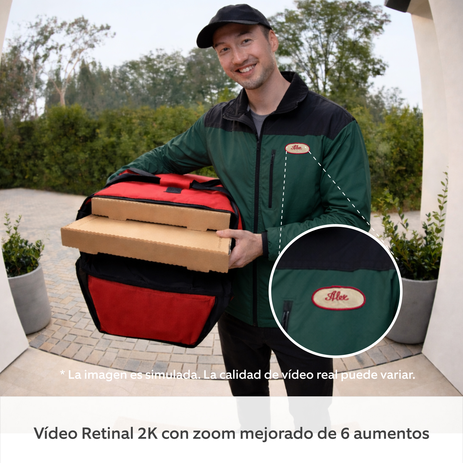 Videotimbre con batería (última generación) (for Battery Video Doorbell) - Un repartidor de pizza en la puerta de entrada con una sección de la imagen ampliada en la placa con el nombre