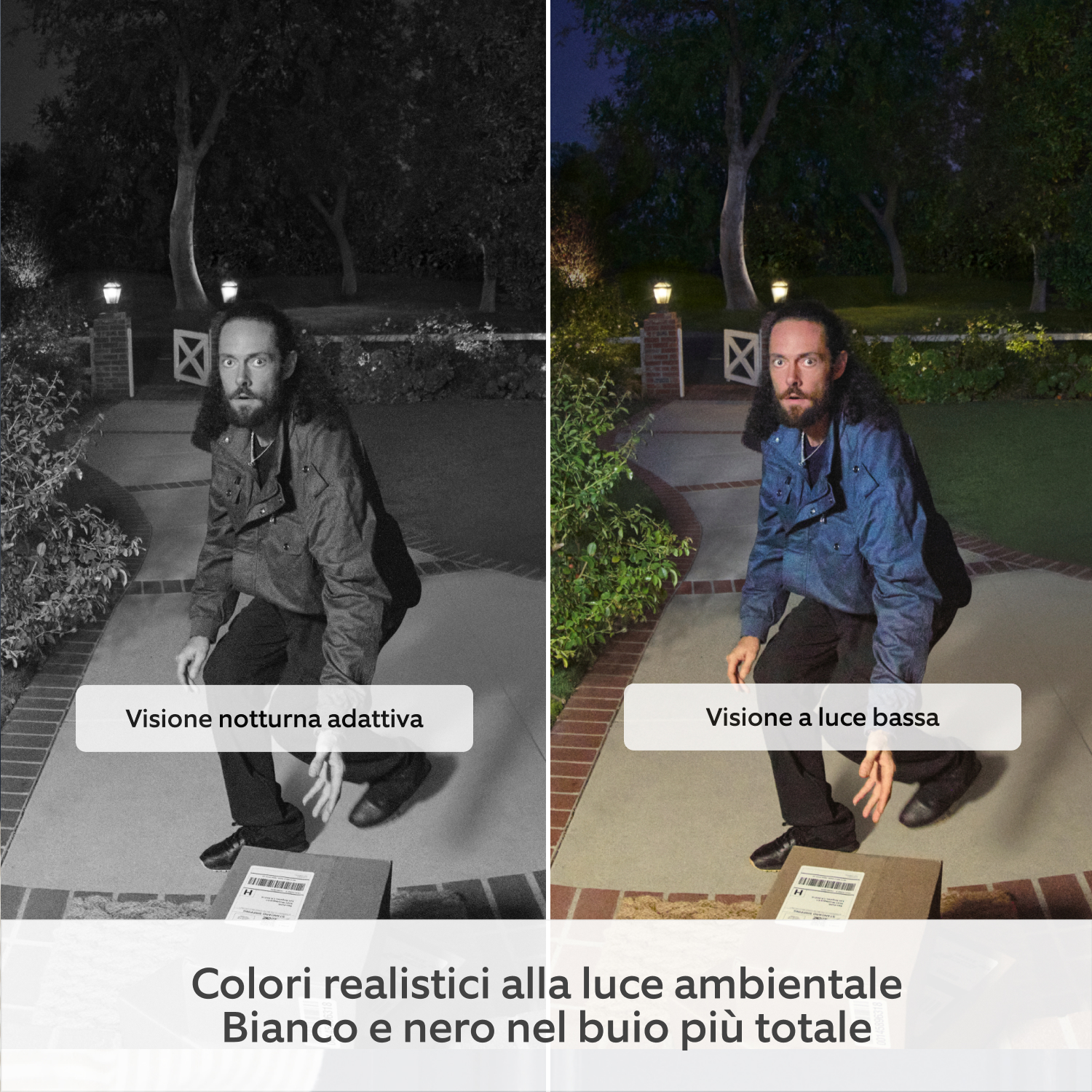 Videocitofono Plus a batteria (ultimo modello) (for Battery Video Doorbell Plus) - Pantalla dividida de una imagen que muestra la diferencia en la calidad de imagen con y sin visión con poca luz y visión nocturna adaptable