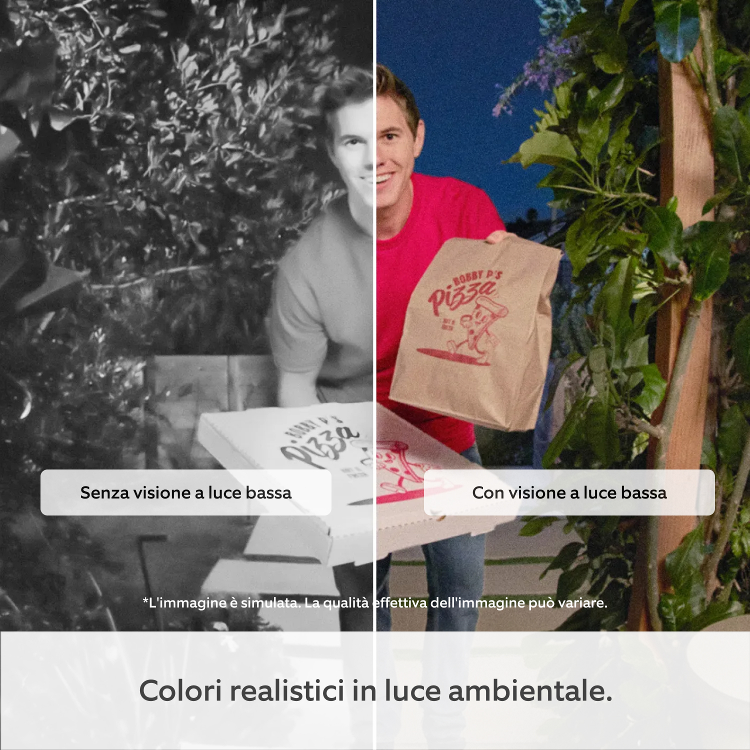 Videocitofono Elite cablato (ultimo modello) (for Wired Video Doorbell Elite (2ª gen.)) - Schermo diviso di un'immagine che mostra un addetto alle consegne della pizza. Il lato sinistro mostra la qualità dell'immagine in bianco e nero con il testo: Senza visione a luce bassa. Il lato destro è a colori con il testo: Con visione a luce bassa.