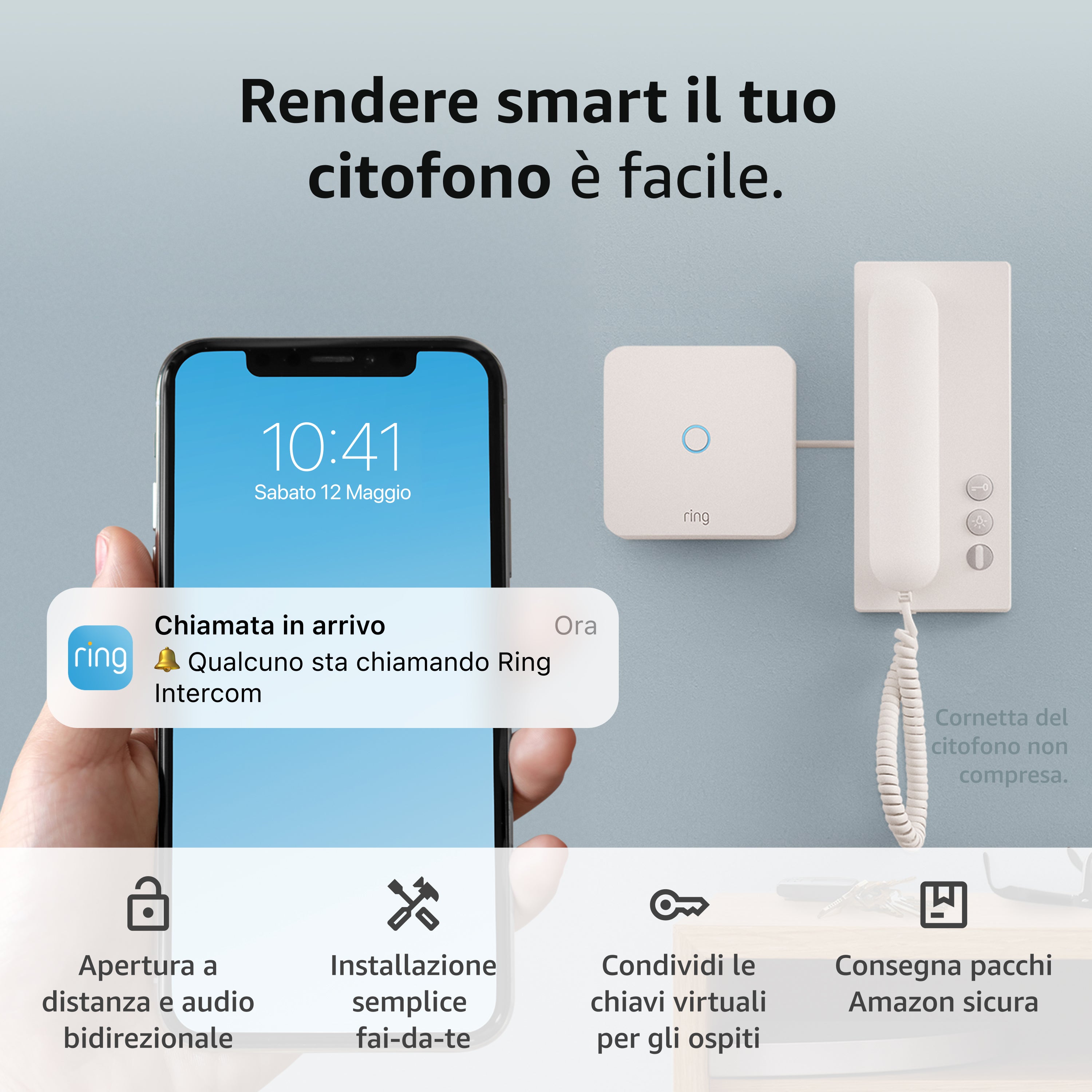 Ring Intercom + Indoor Camera 2ª gen. - Ring Intercom + Batteria ricaricabile a sgancio rapido + Stazione di ricarica