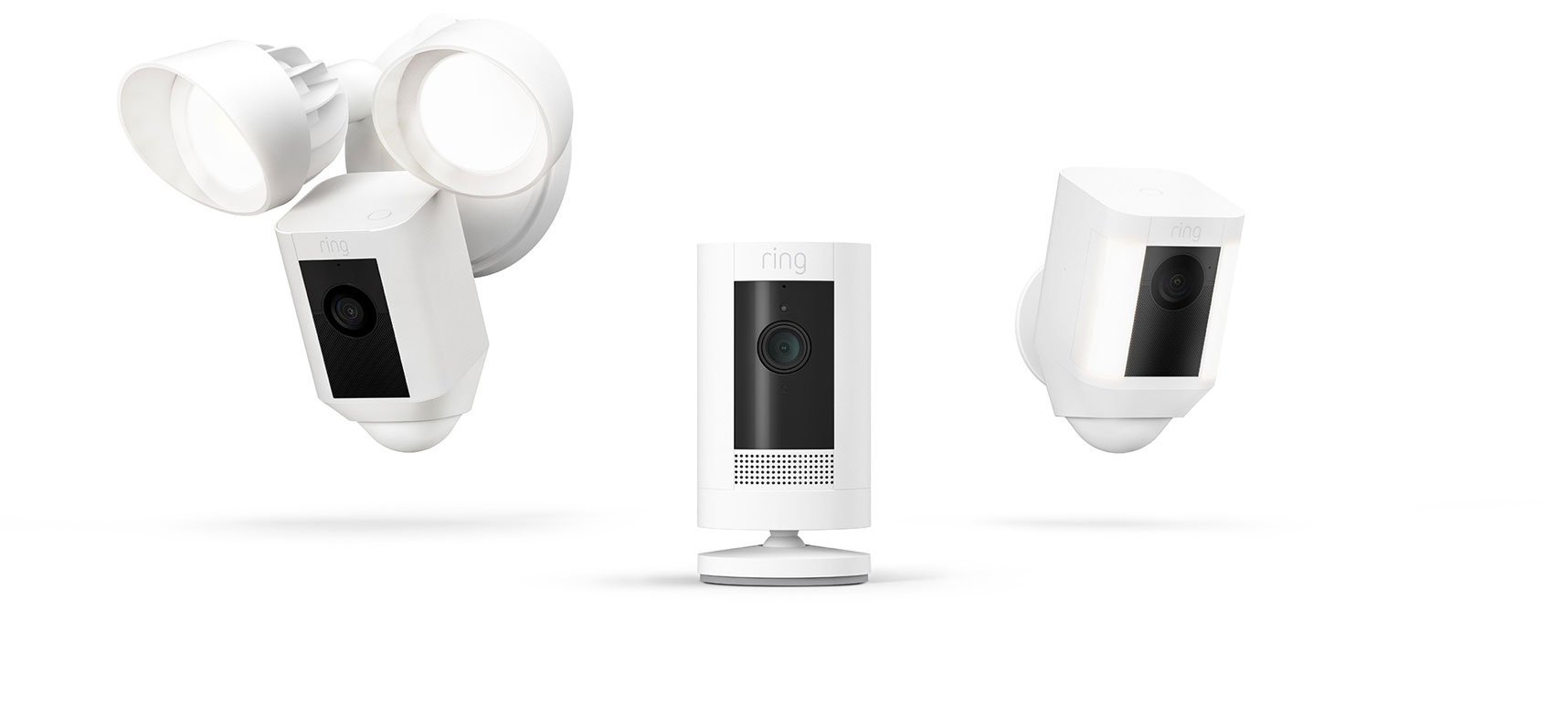 Three Ring security cameras, including a spotlight and wired models, flor indoor and outdoor surveillance.