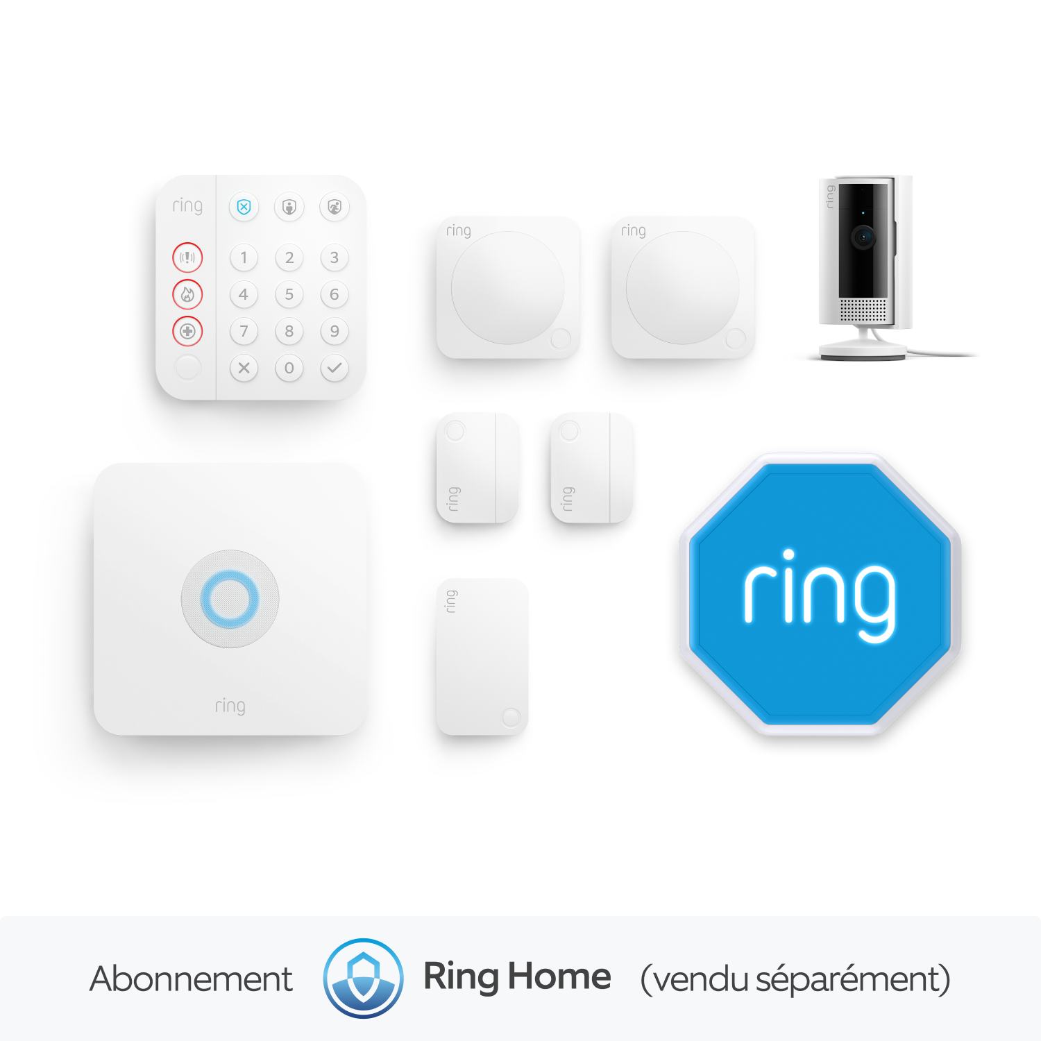 Kit Ring Alarm M + caméra intérieure + sirène incluse, Ring Home Standard 1 an (vendu séparément) - Blanc