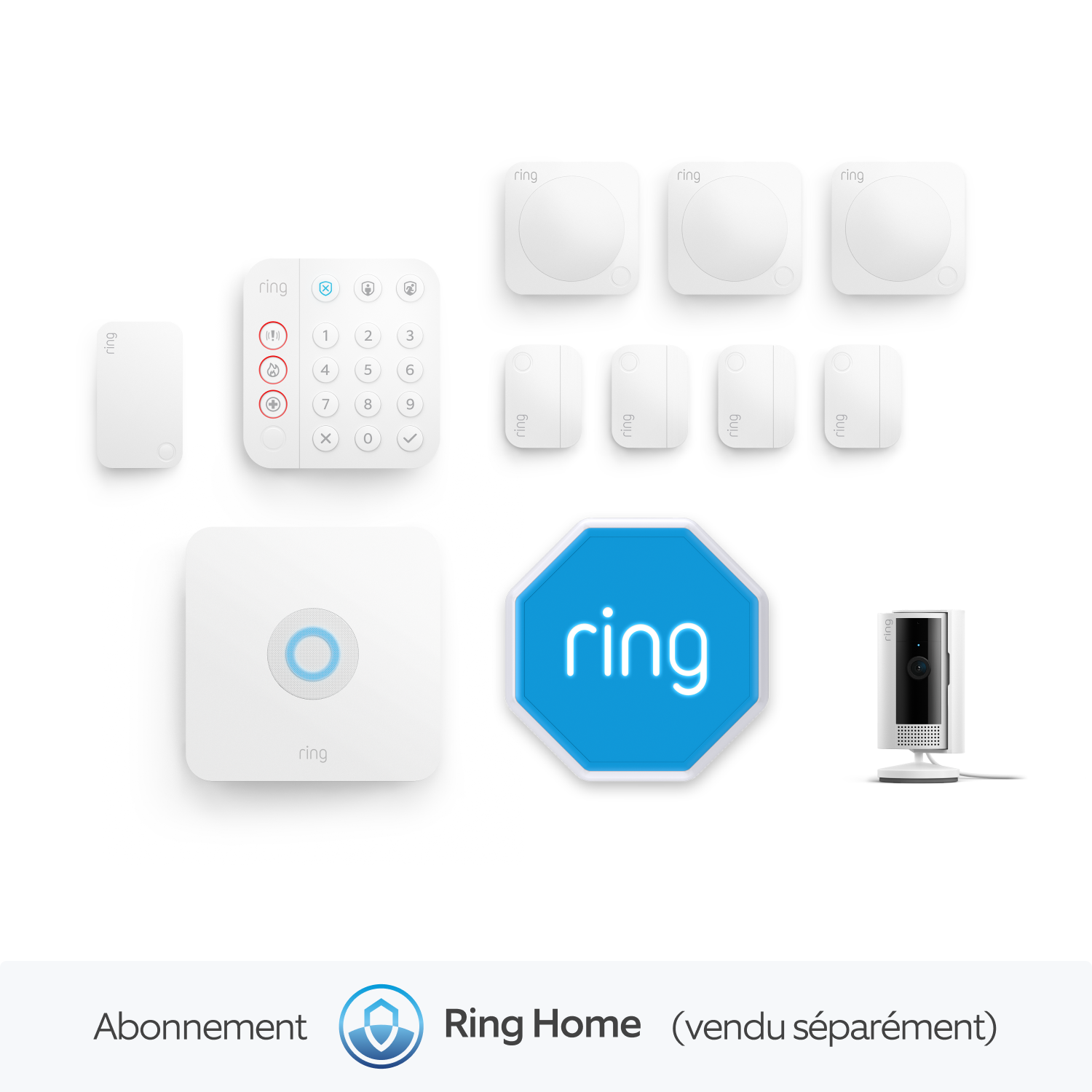 Kit Ring Alarm L + caméra intérieure + sirène incluse, Ring Home Standard 1 an (vendu séparément) - Blanc