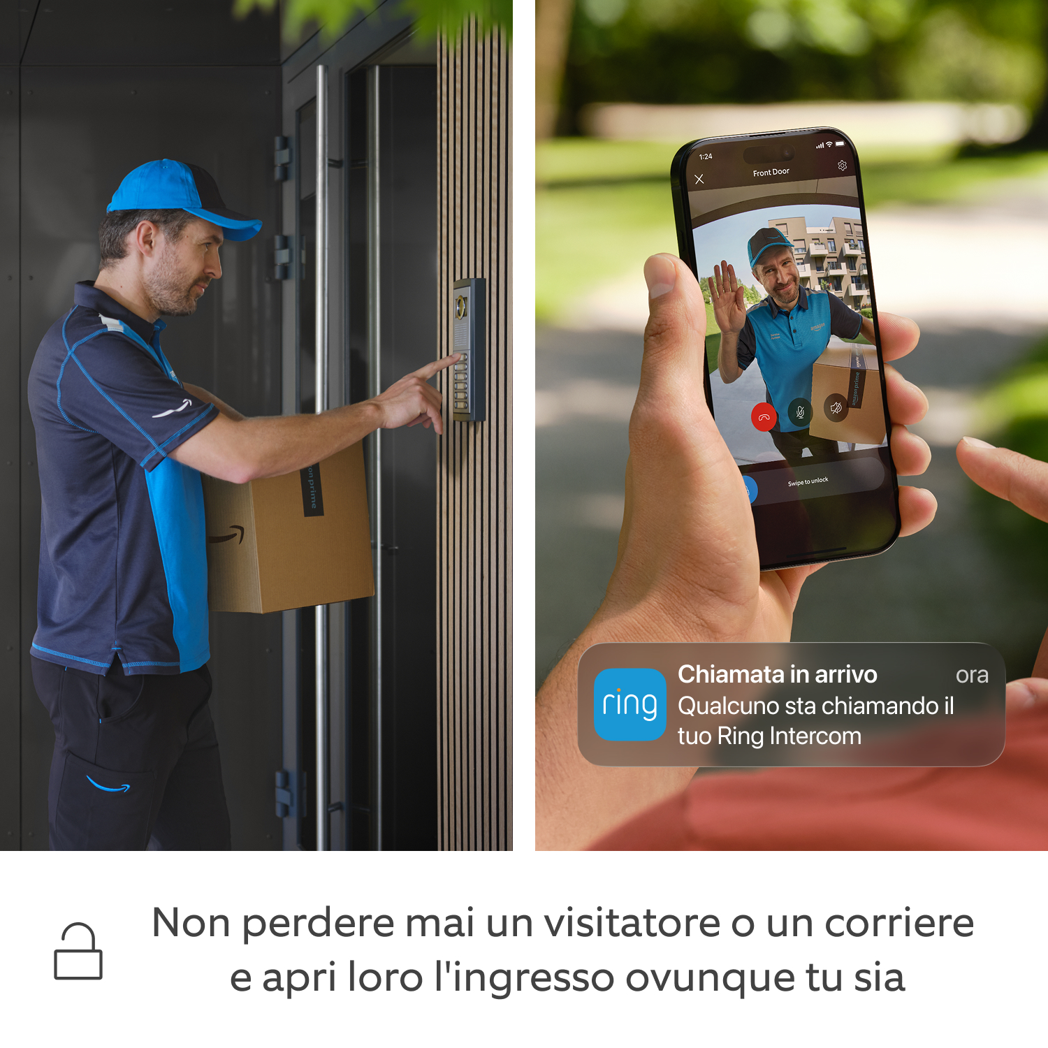 Ring Intercom Video - Una schermata in cui vengono mostrati un corriere che suona al citofono di un edificio e un jogger che ha ricevuto una notifica push e sta controllando il feed audio sull'app Ring.