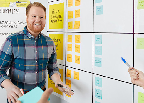 Man at whiteboard with post-it