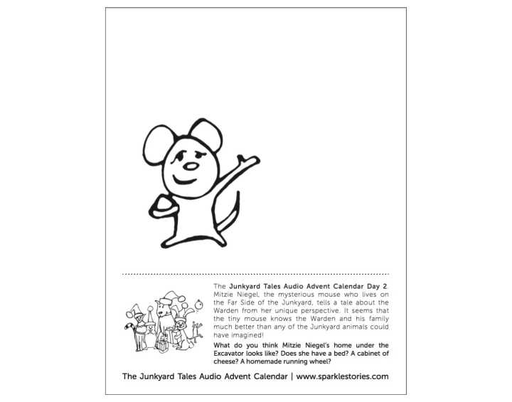 Junkyard Tales Audio Advent Calendar Printable Coloring Page: Day 2 – Mitzie Niegel