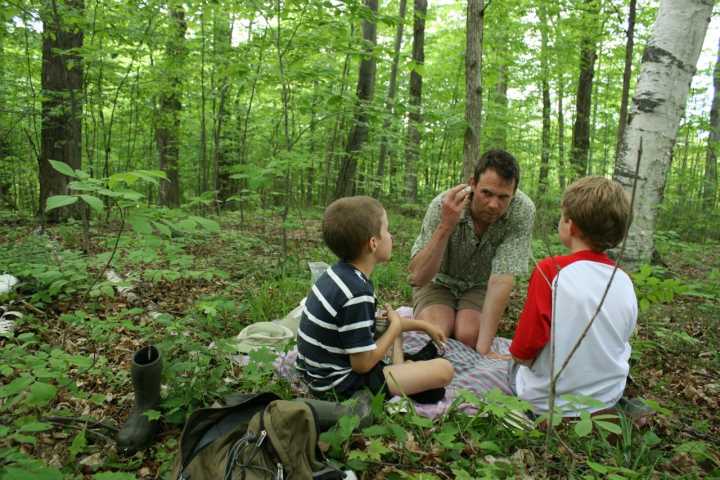 David telling story in the woods to boys