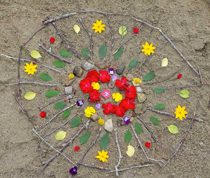 Completed-Beach-Mandala-Made-with-Sticks-Stones-and-Flowers