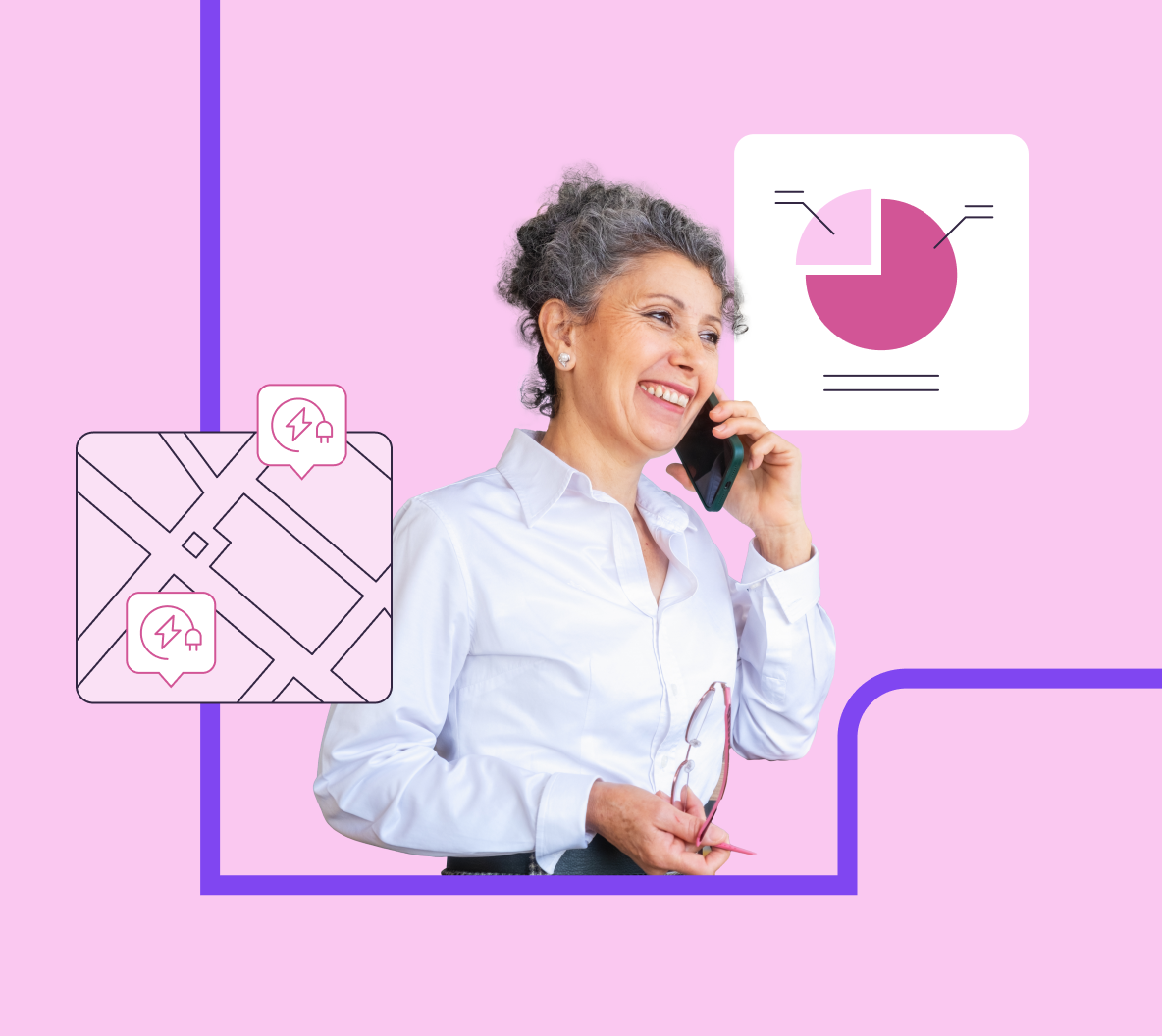 A photostration of a woman making home decisions against a pink background
