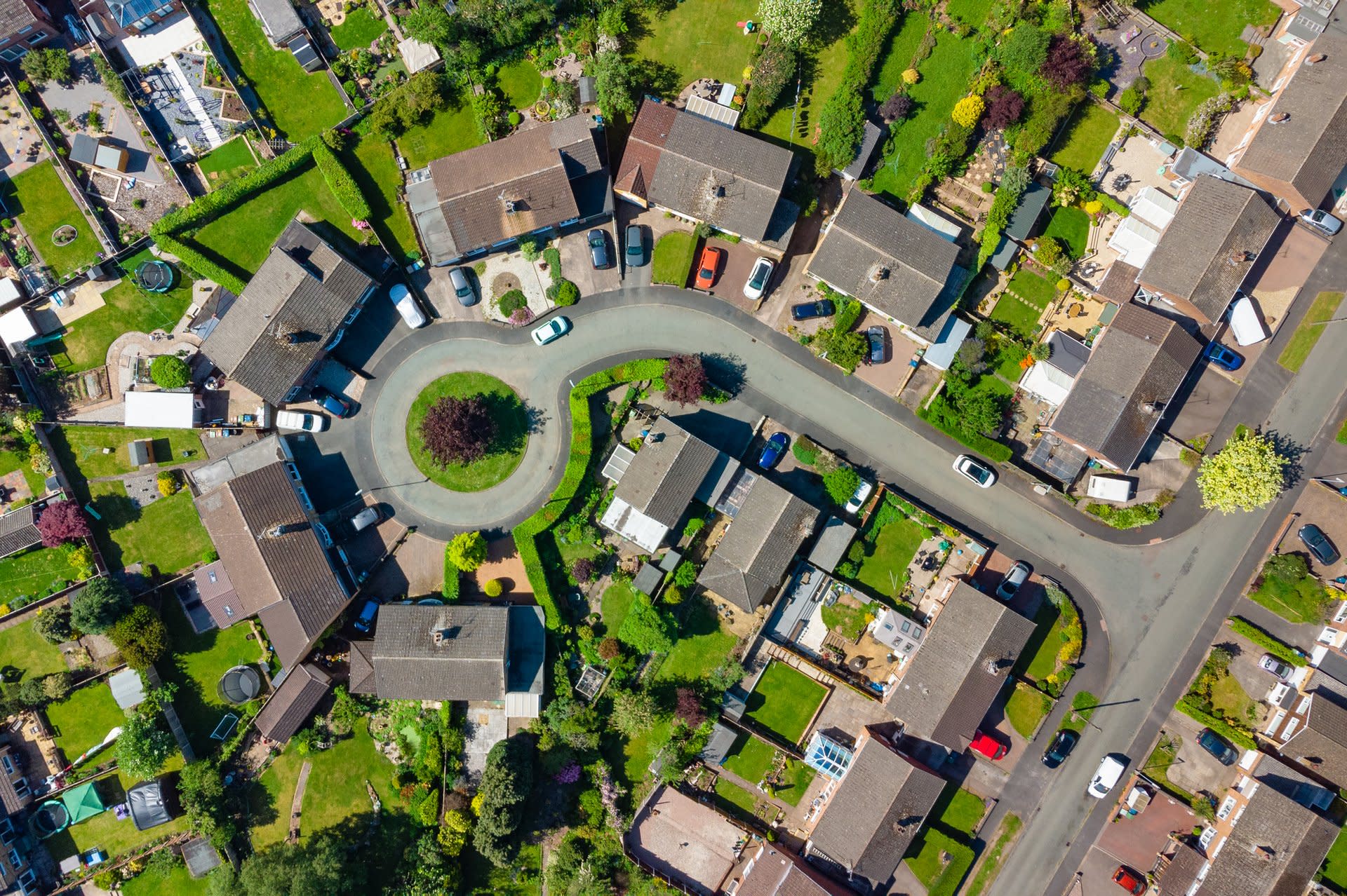 Aerial view of houses in a cul-de-sac