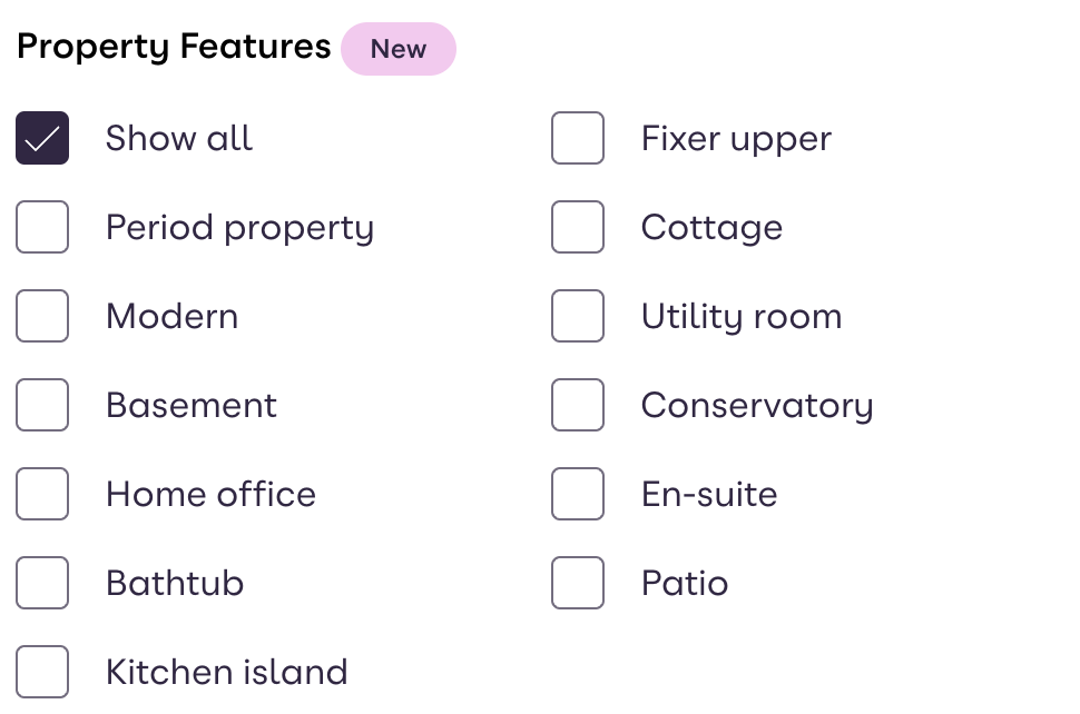 An image of Zoopla's property feature filters.
