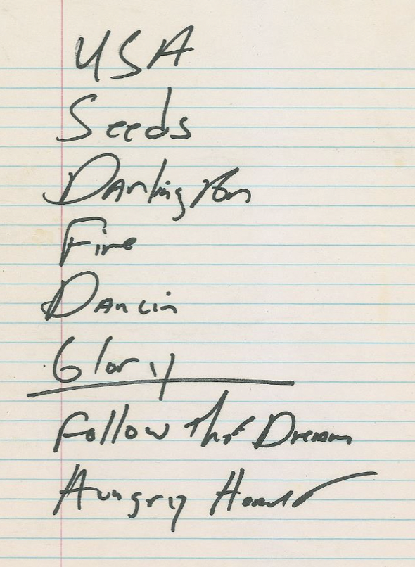 Bruce Sprinsteen Handwritten Set List
