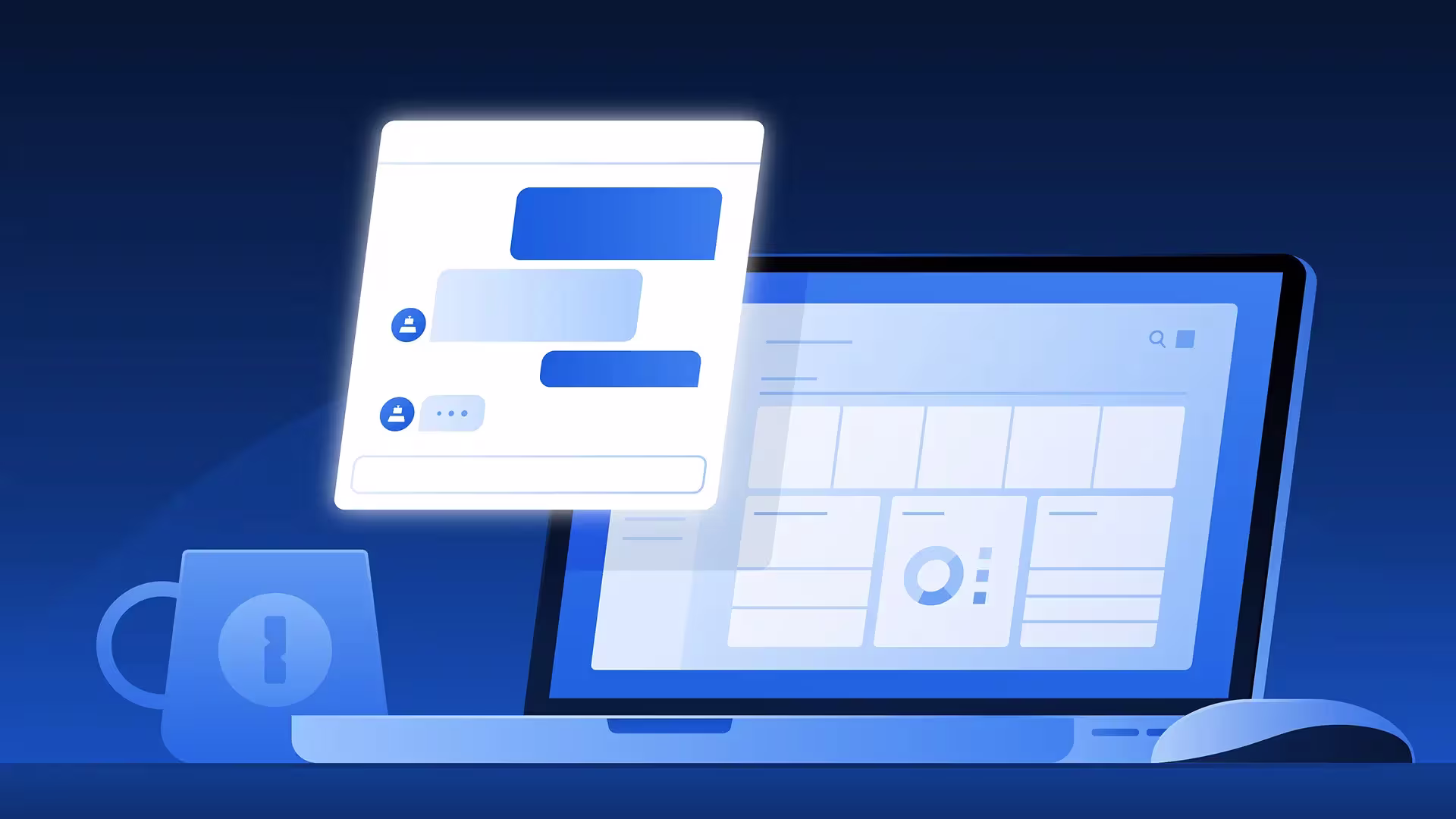 An illustration of an open laptop displaying various graphs. A floating AI chat screen hovers in front of it. To the left is a mug which features the 1Password logo.