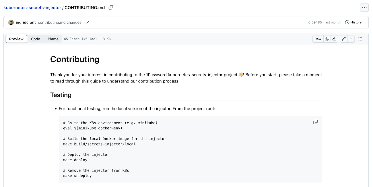 A screenshot of a contributing.md file for a kubernetes secrets injector.