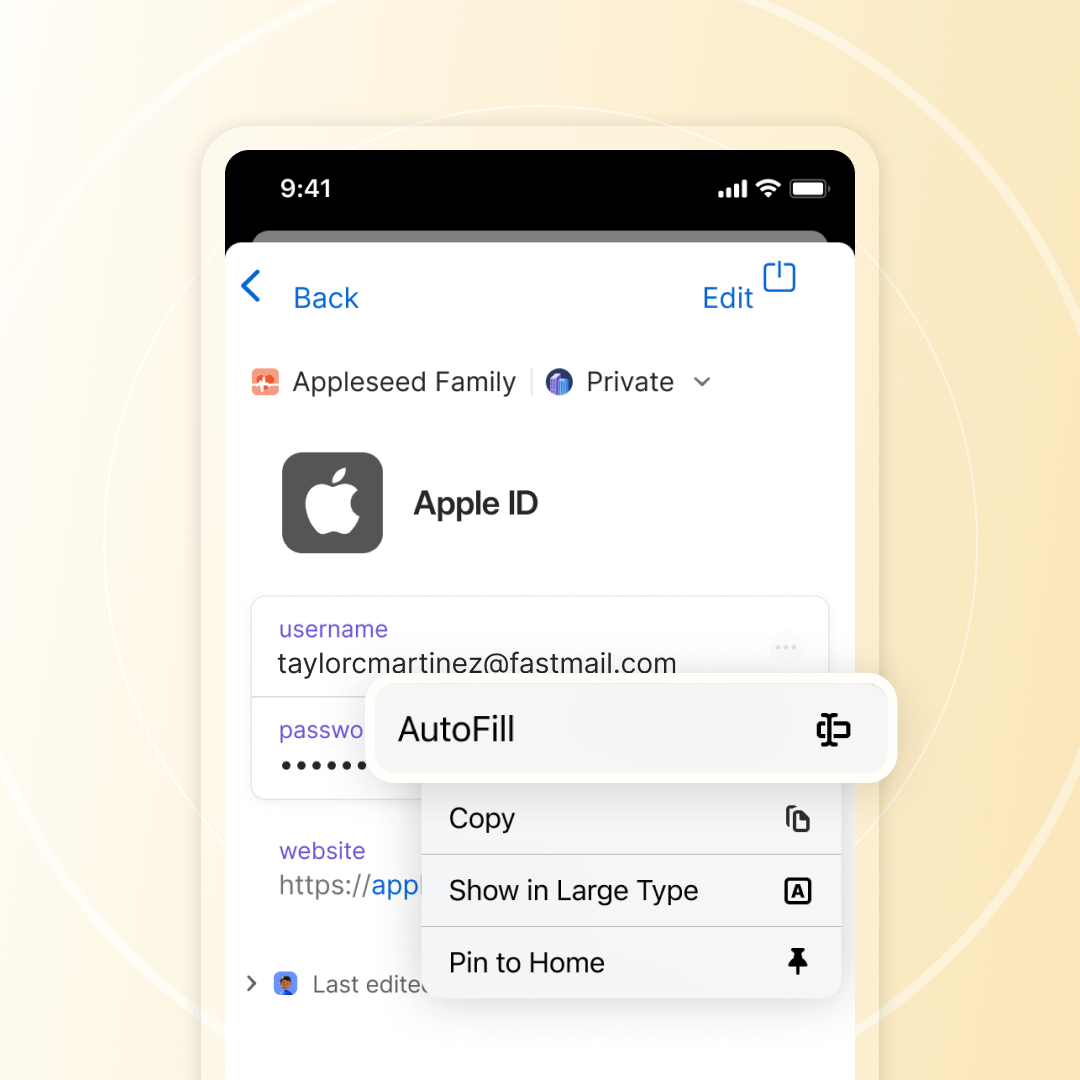 A screenshot of 1Password for iOS showing a vault item with the option to autofill.