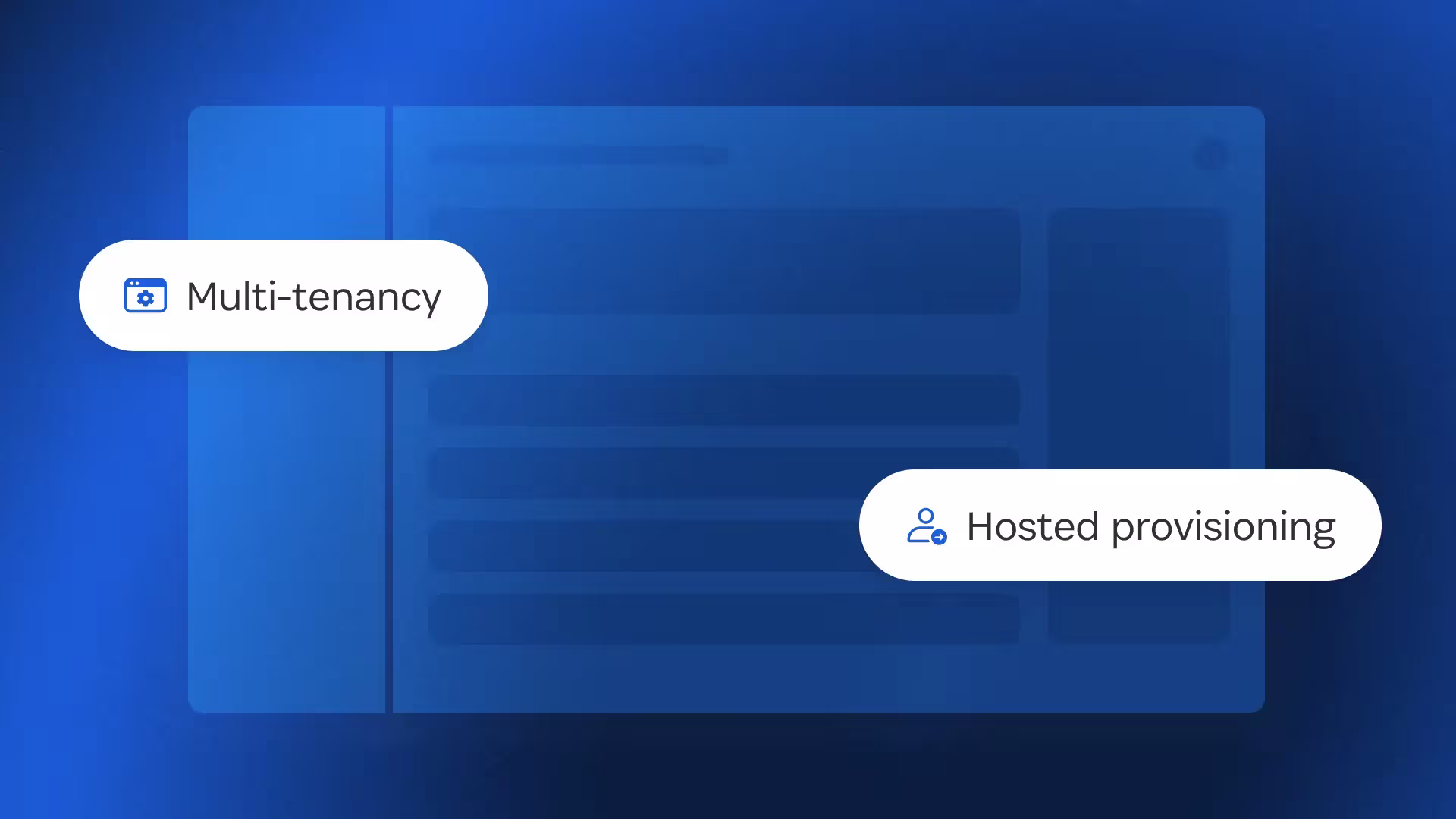 A dark blue background that resembles an abstracted computer desktop, over which are overlaid two popups. One says "multi-tenancy" and the other says "hosted provisioning."