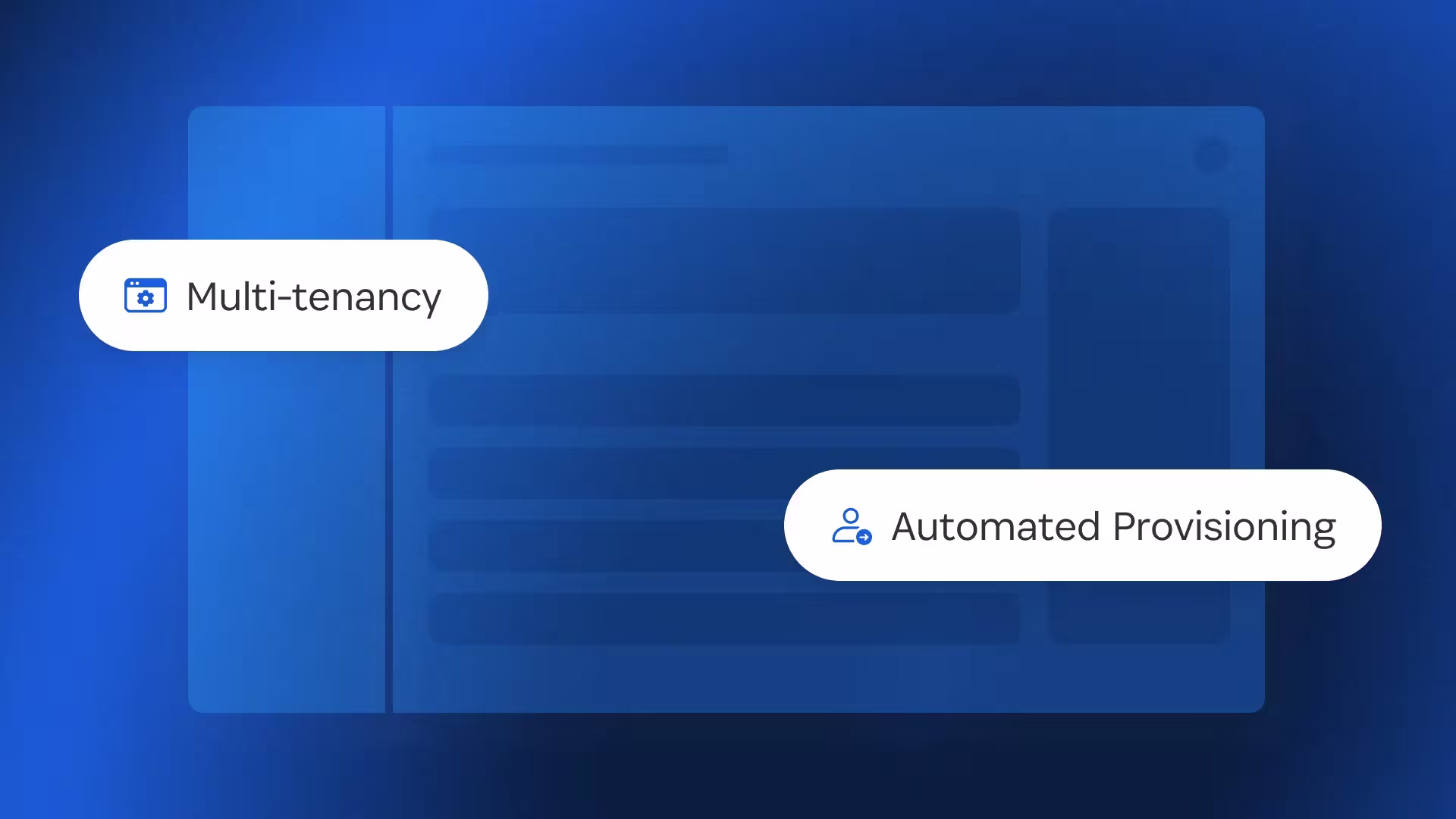 A dark blue background that resembles an abstracted computer desktop, over which are overlaid two popups. One says "multi-tenancy" and the other says "automated provisioning."