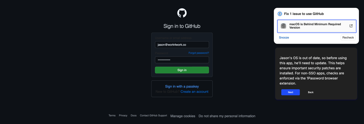 A screenshot of a real-time device compliance Check on GitHub.