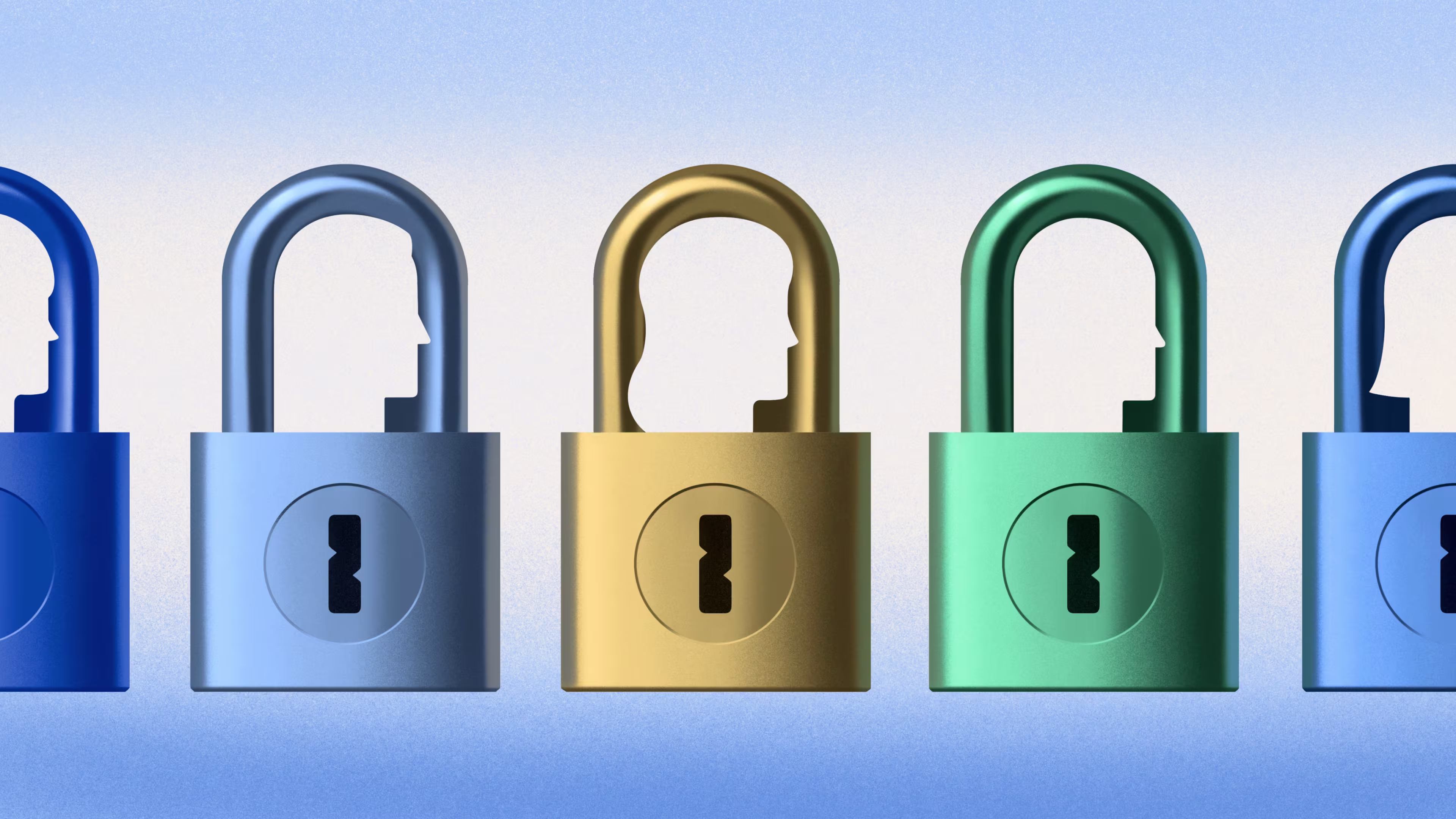 A stylized row of five colorful padlocks spans the image against a soft blue background. The partially visible locks at either edge are blue, while the three fully visible locks are light blue, gold, and green. Each lock features a human profile silhouette in its shackle and a black keyhole on its body, representing identity, authentication, and security.