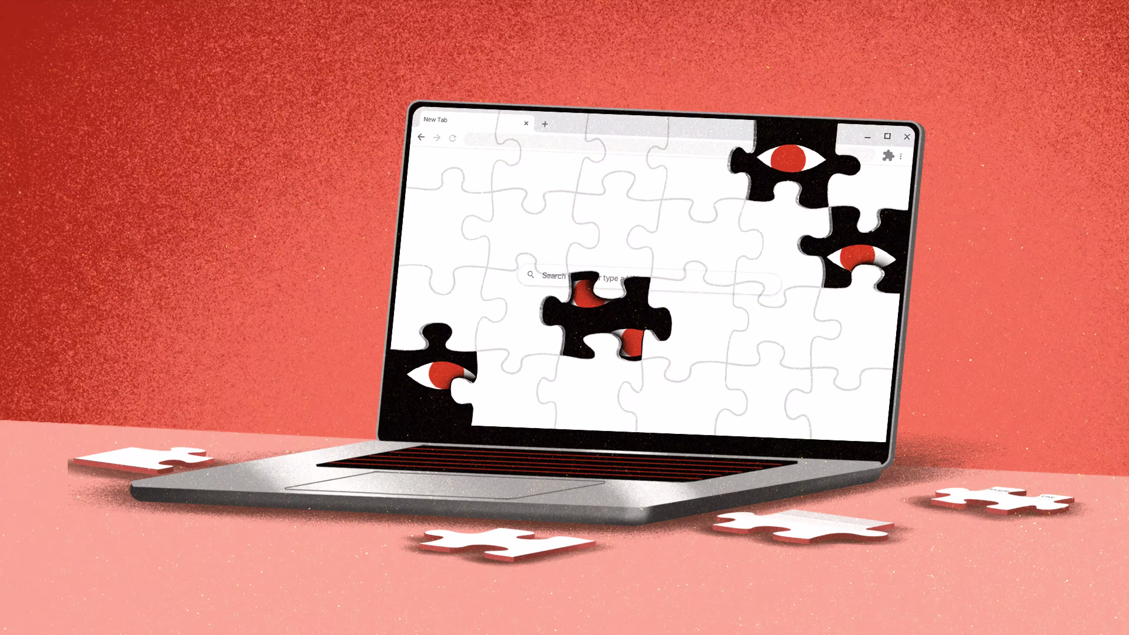 An illustration of an open laptop on a red field. The laptop's screen is laid out like a jigsaw puzzle, but some of the pieces are missing, and from behind them, red, menacing eyes peer out.