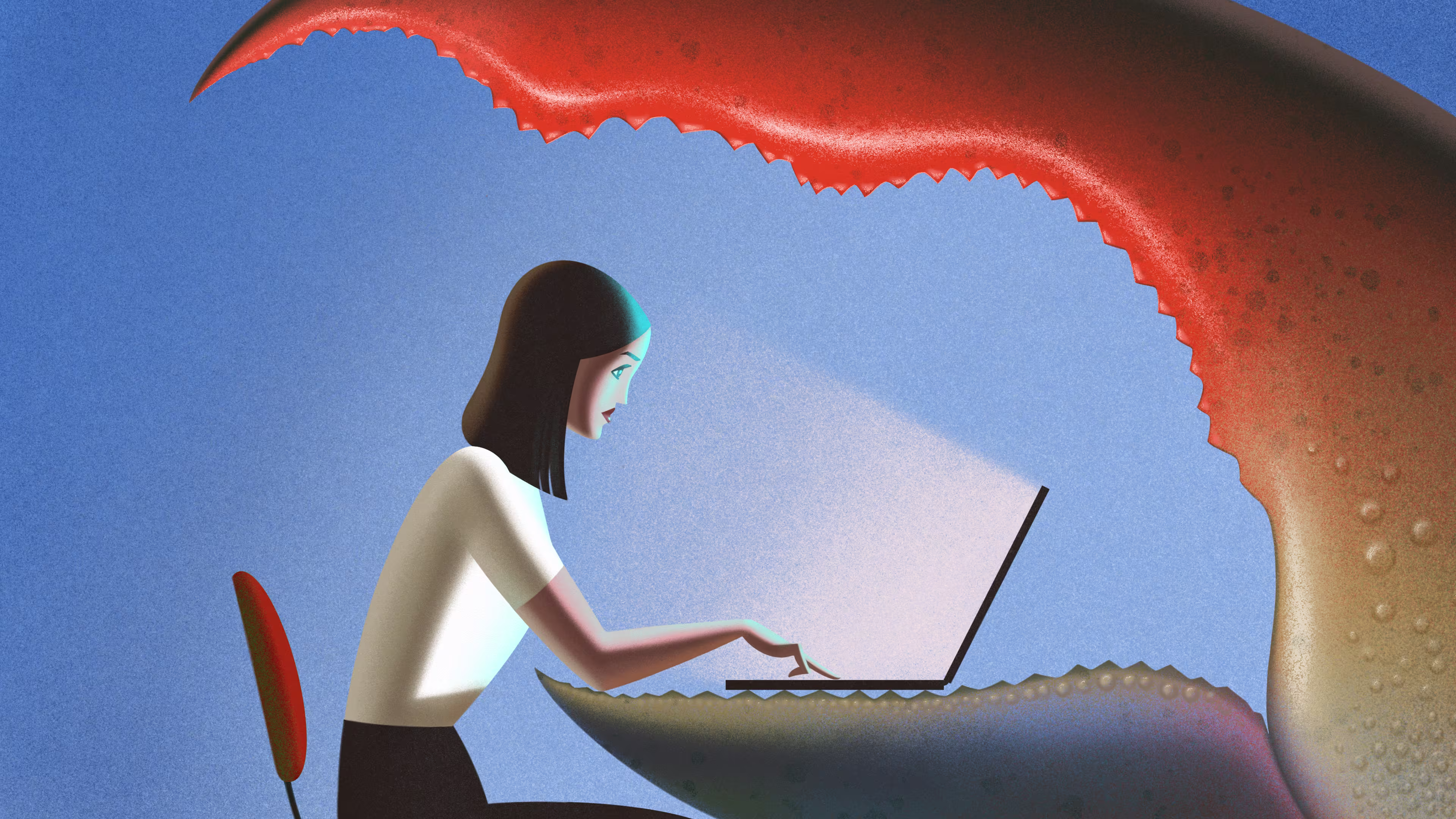 An illustration of an open laptop on a red field. The laptop's screen is laid out like a jigsaw puzzle, but some of the pieces are missing, and from behind them, red, menacing eyes peer out.
