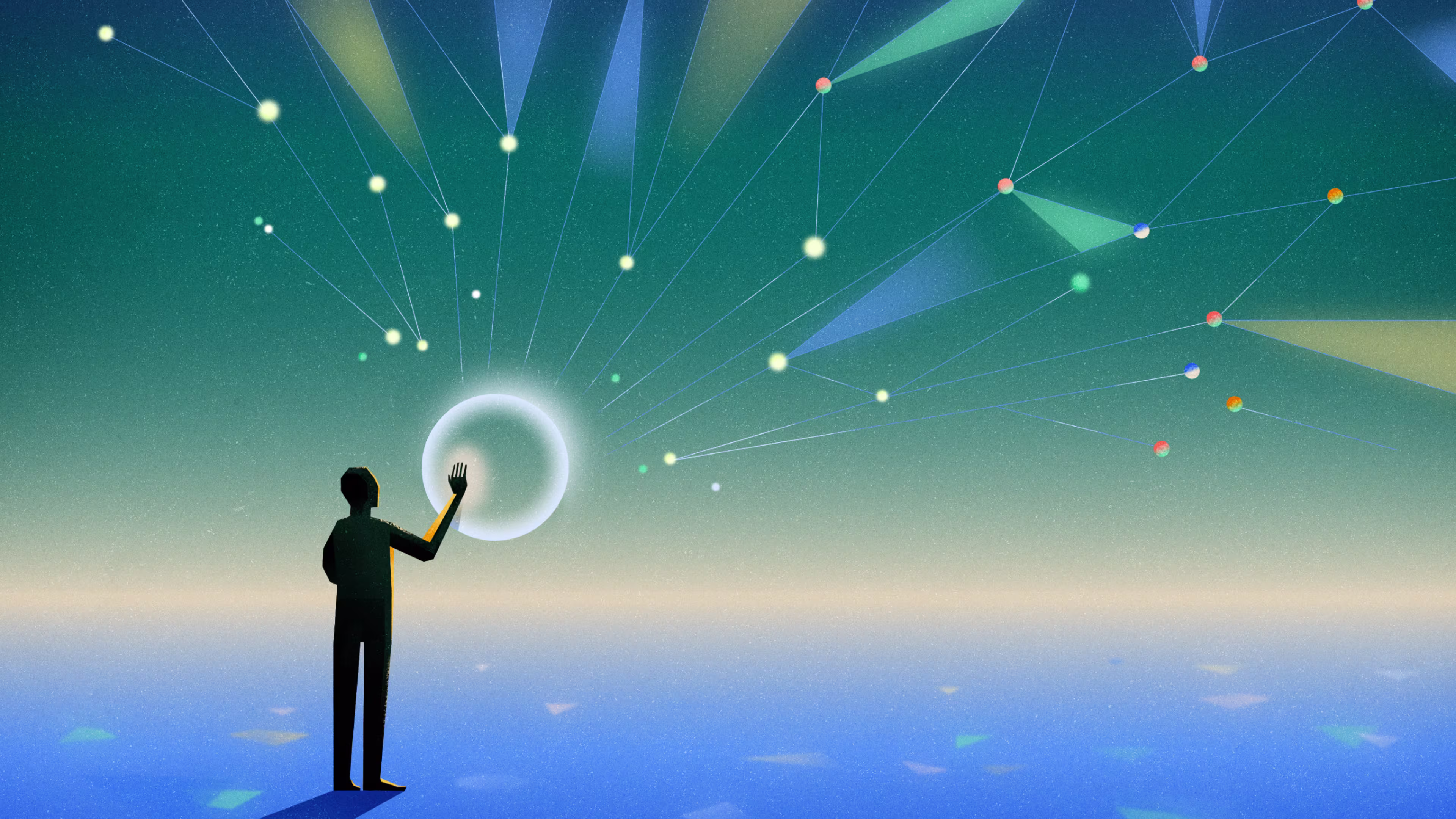 An abstract illustration showing a human figure in silhouette touching a glowing ball. Out of the ball lines of light branch out into brightly colored fractals.