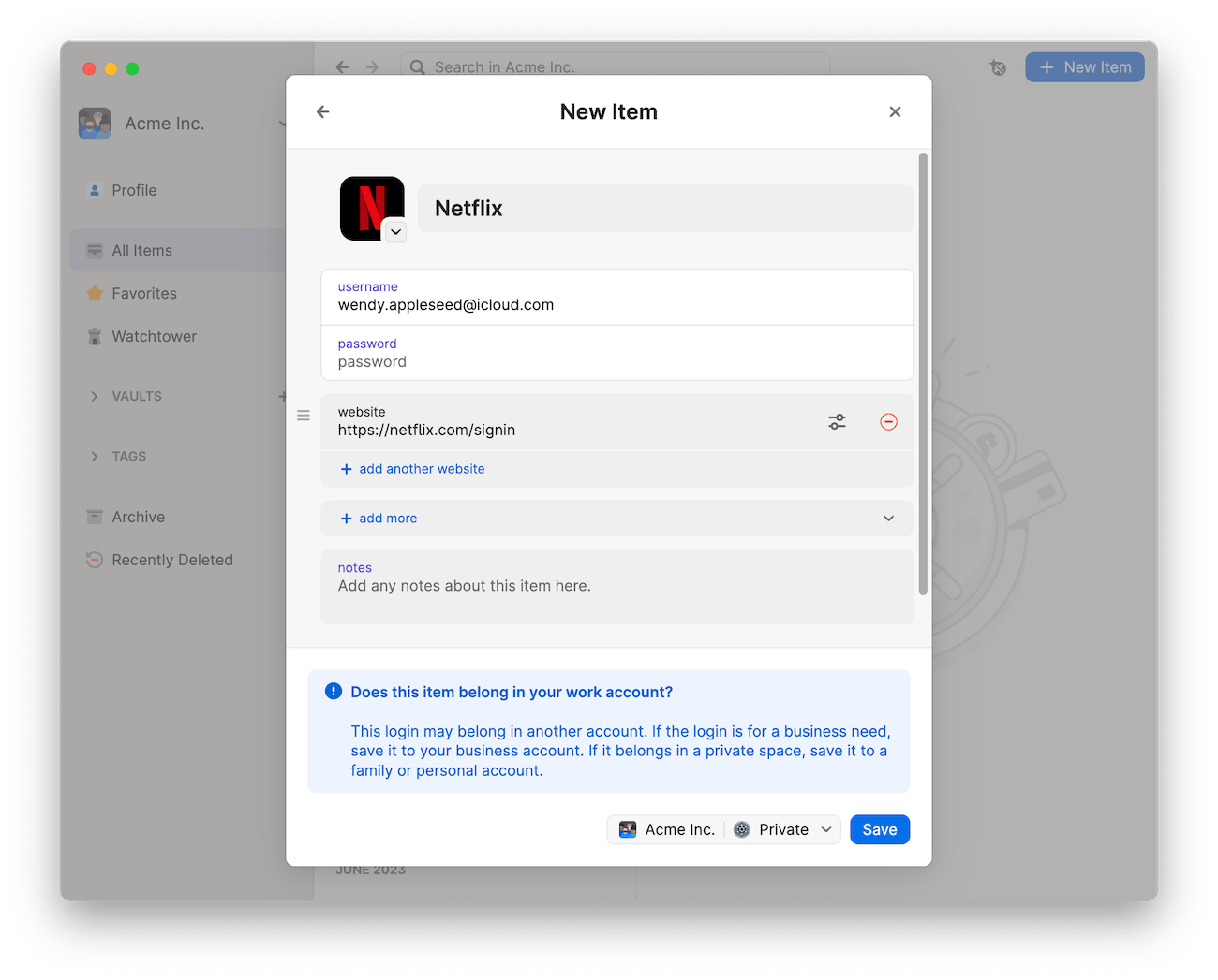 Save item dialog in 1Password. The username contains a personal email address, so a message at the bottom of the window suggests moving the item to a personal account.