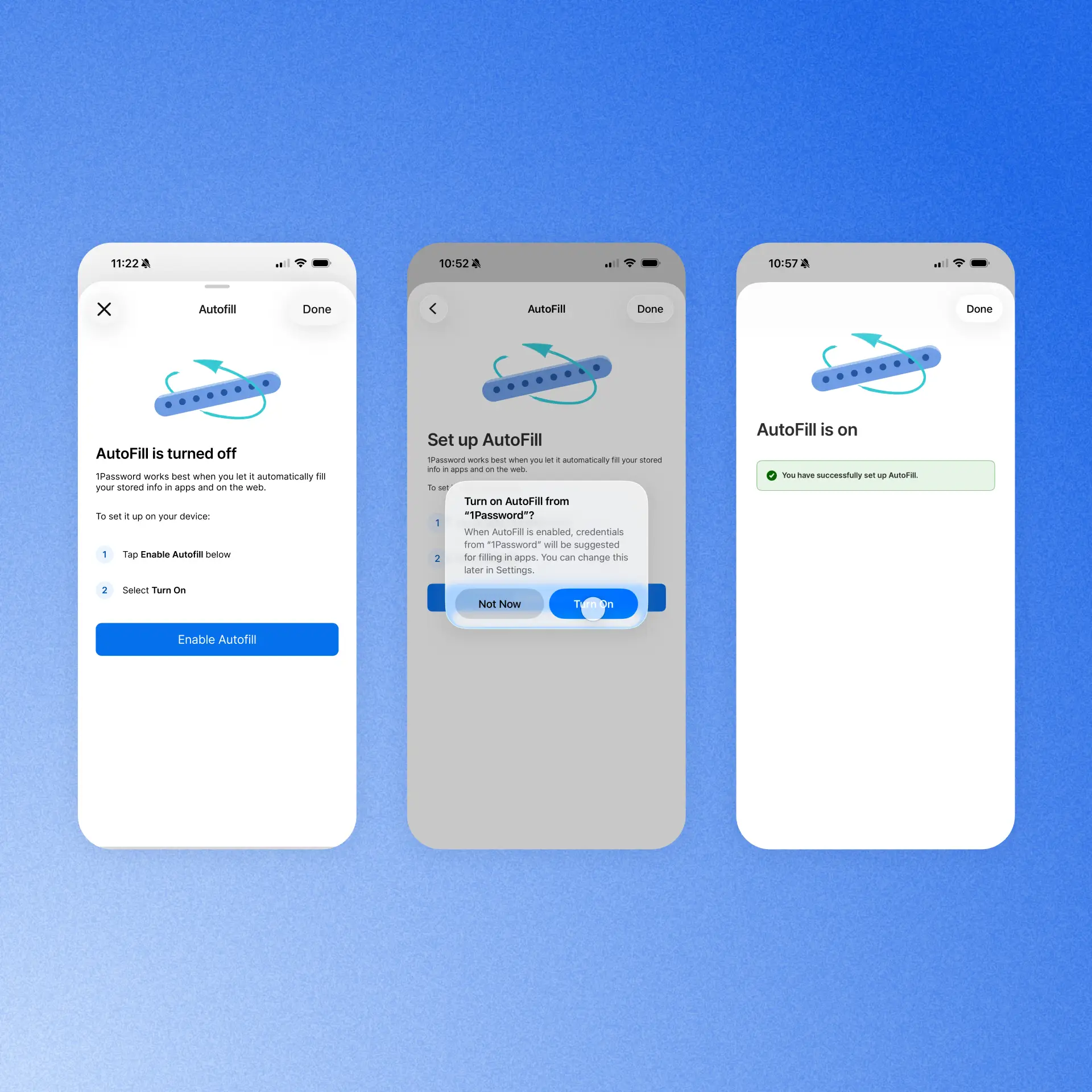 An image of three phone screens side by side, showing how 1Password helps users resolve autofill issues in iOS
