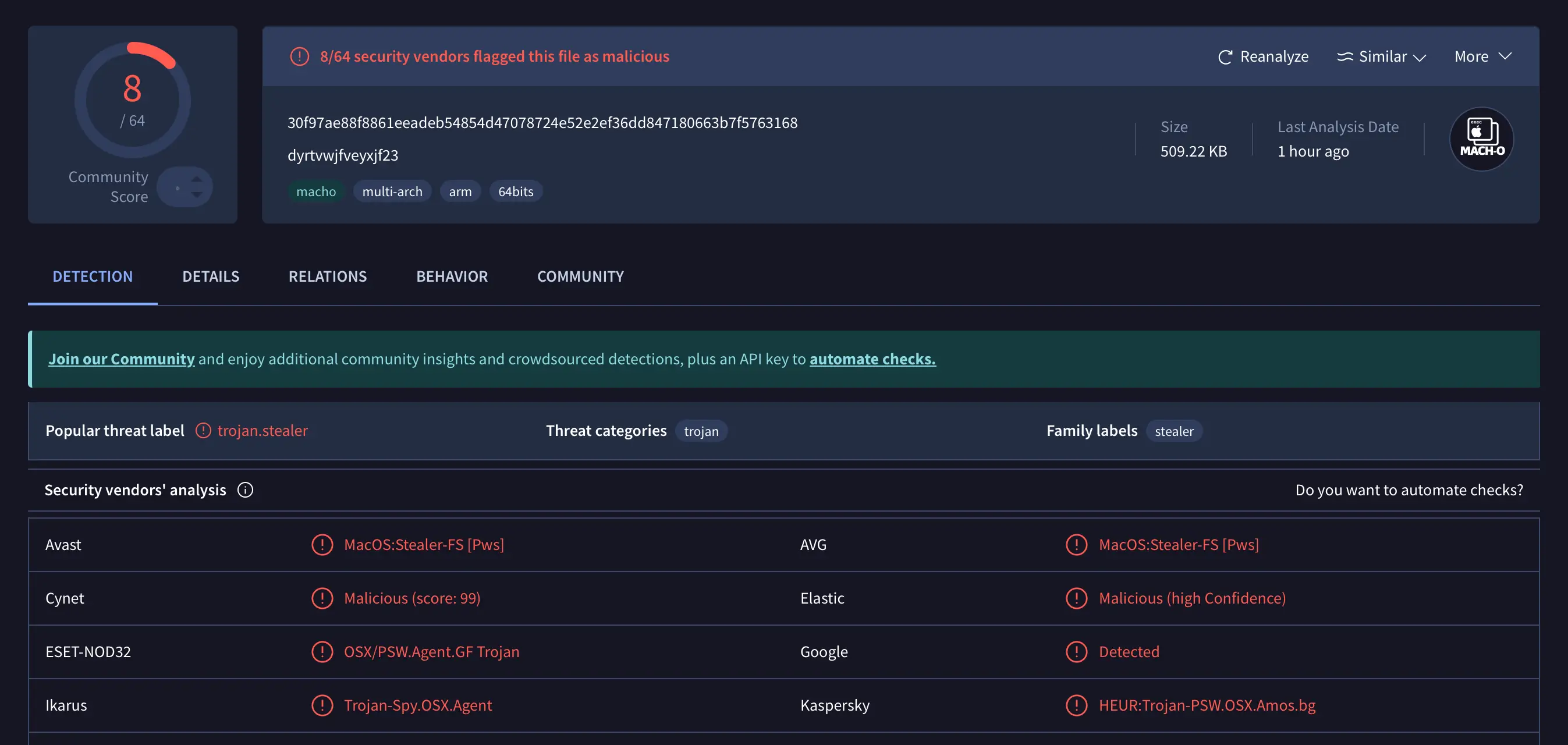 A screenshot from a malware identification website, labeling a file as a malicious trojan stealer.