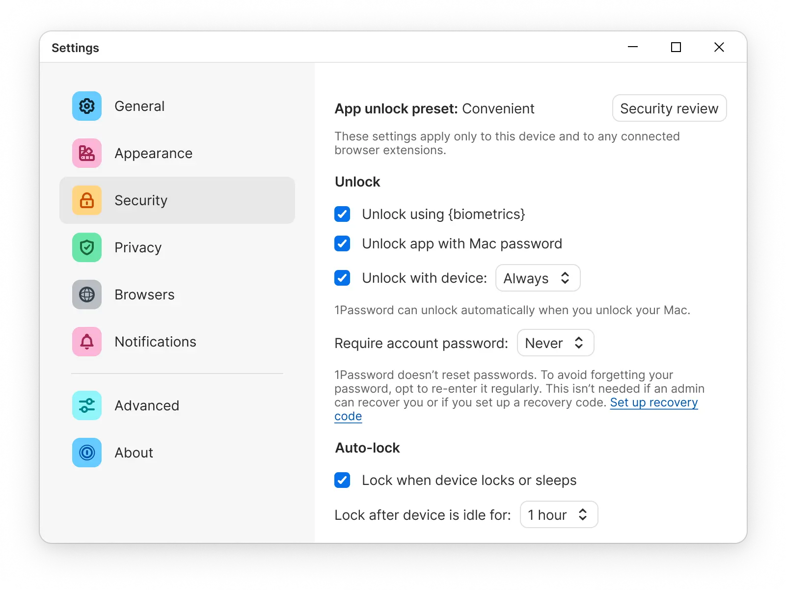 Updated 1Password security settings to correspond with the new preset updates