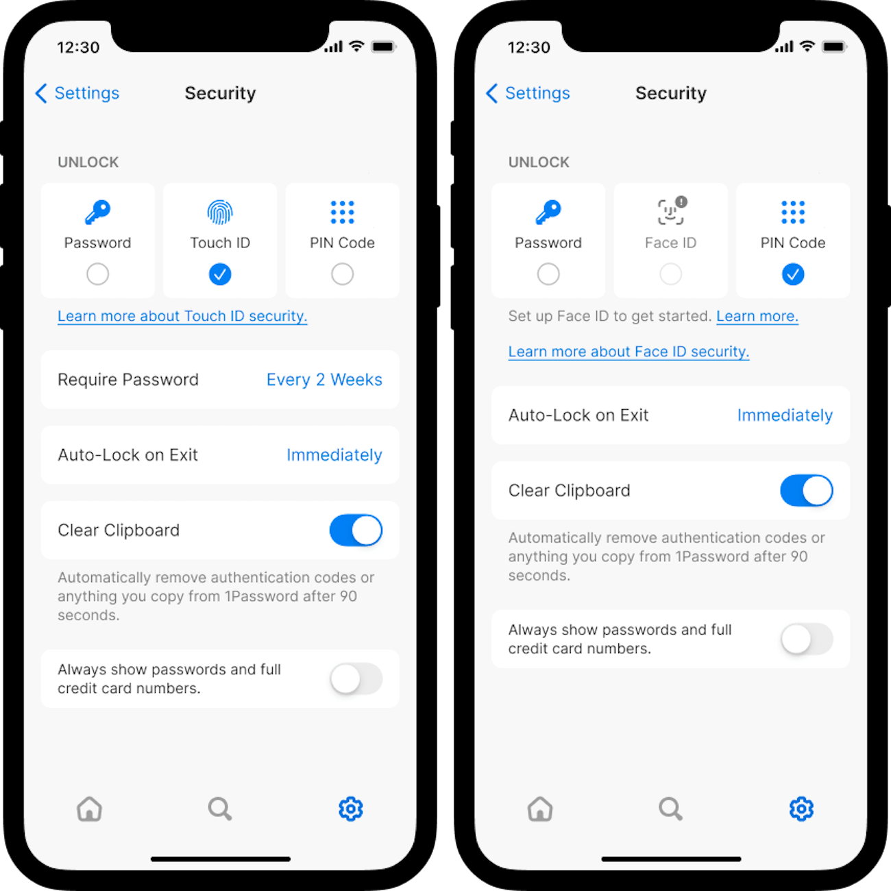 Two iPhone screenshots showing how to set a PIN Code in 1Password 8 for iOS.