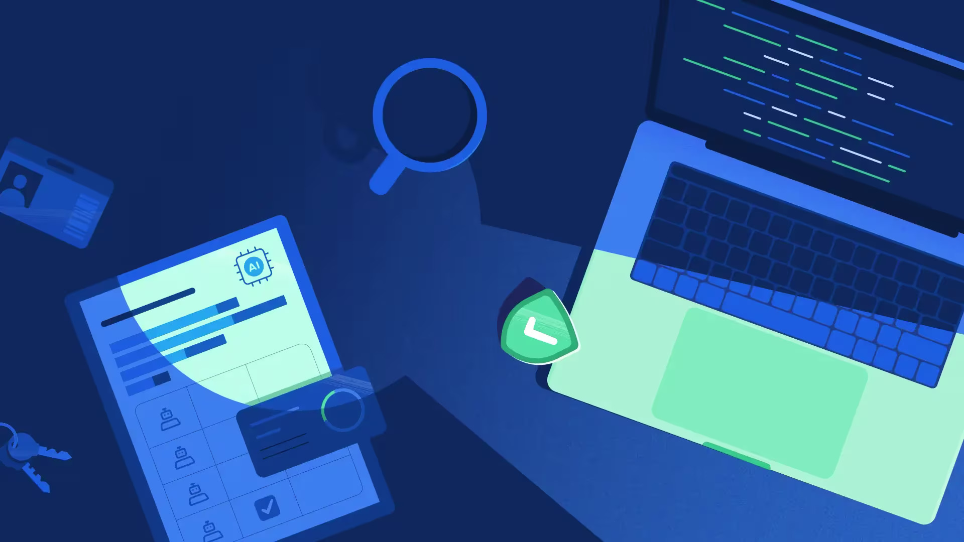 A top-down view of a workspace in blue light shows multiple devices scouring services for threats. An AI icon on a tablet indicates the search is machine-driven. Detection engineering meets AI-driven adversary emulation.